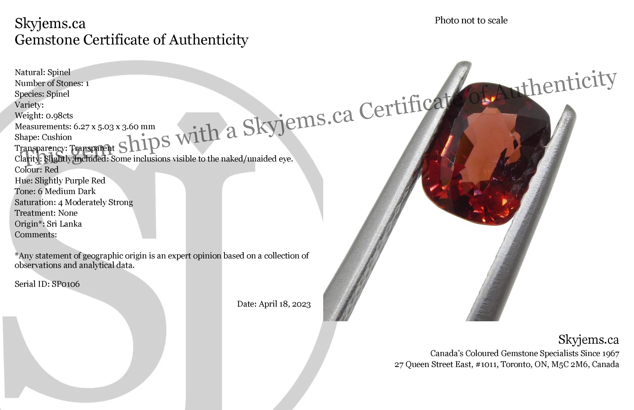 0.98ct Slightly Purple Red Cushion Spinel from Sri Lanka, premium gemstone by SkyJems Canadian gem specialists