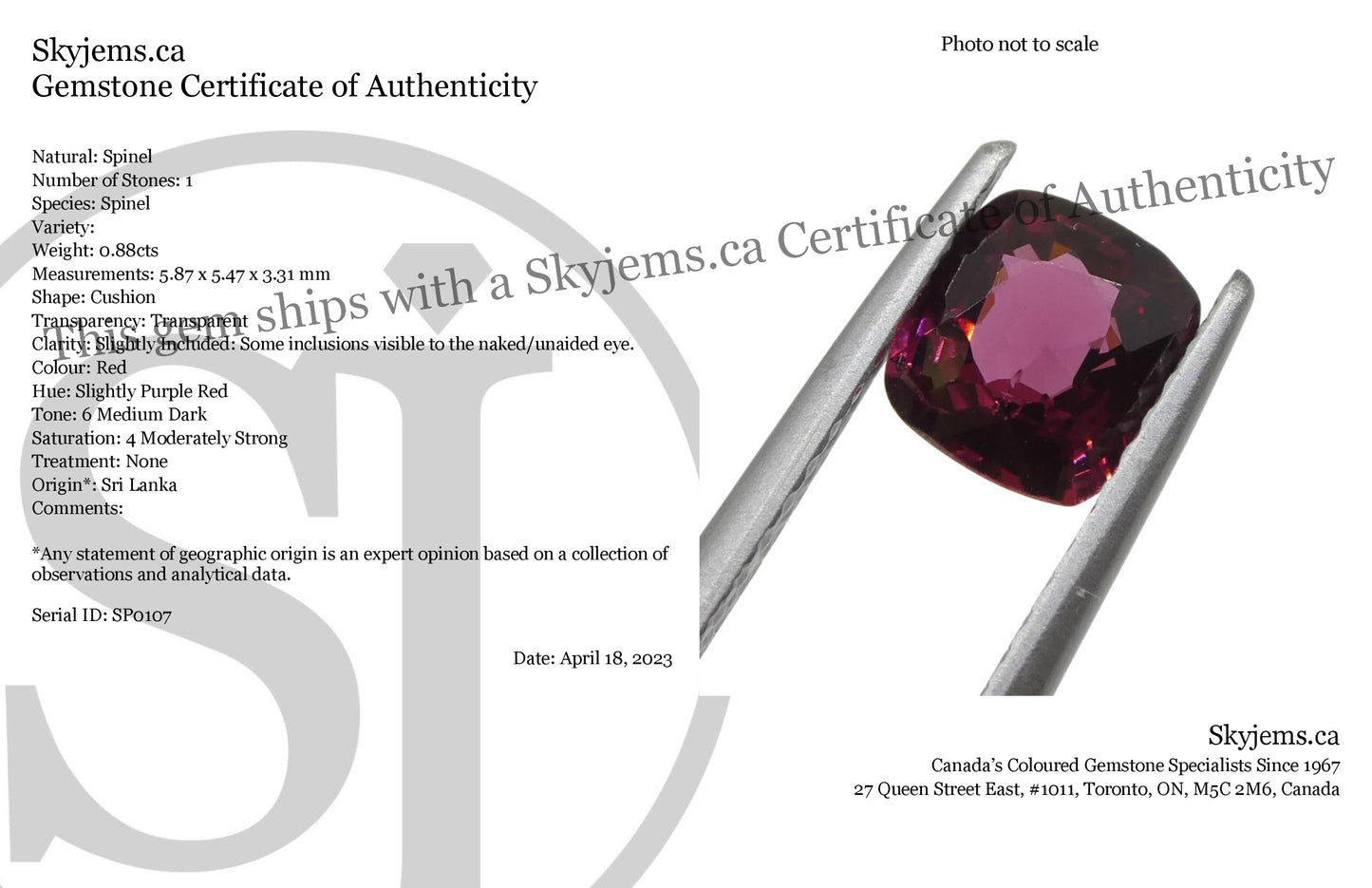 0.88ct Cushion Red Spinel from Sri Lanka - Skyjems Wholesale Gemstones