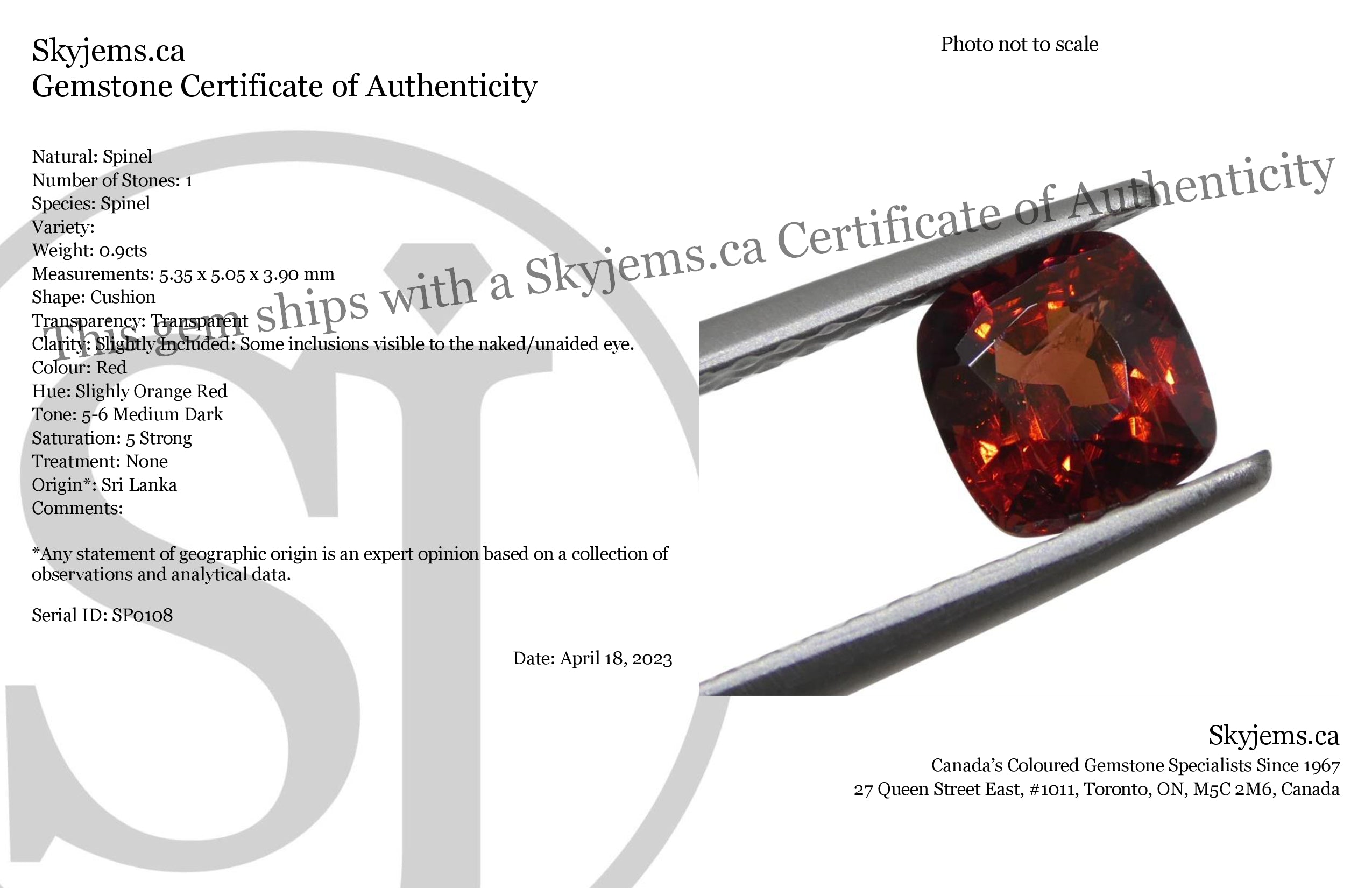 0.9ct Cushion Red Spinel from Sri Lanka, vibrant orange-red gem by SkyJems, Canadian coloured gemstone specialists since 1967