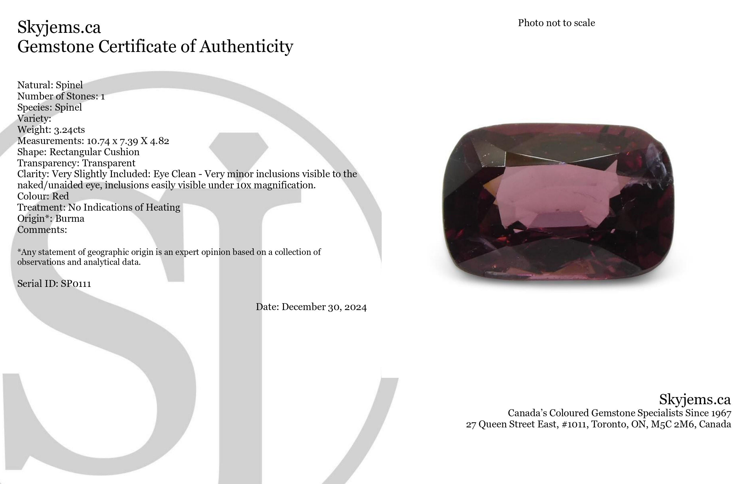 3.24ct Burmese Red Spinel Rectangular Cushion Gemstone from SkyJems, Rare Pinkish-Red Collector's Stone
