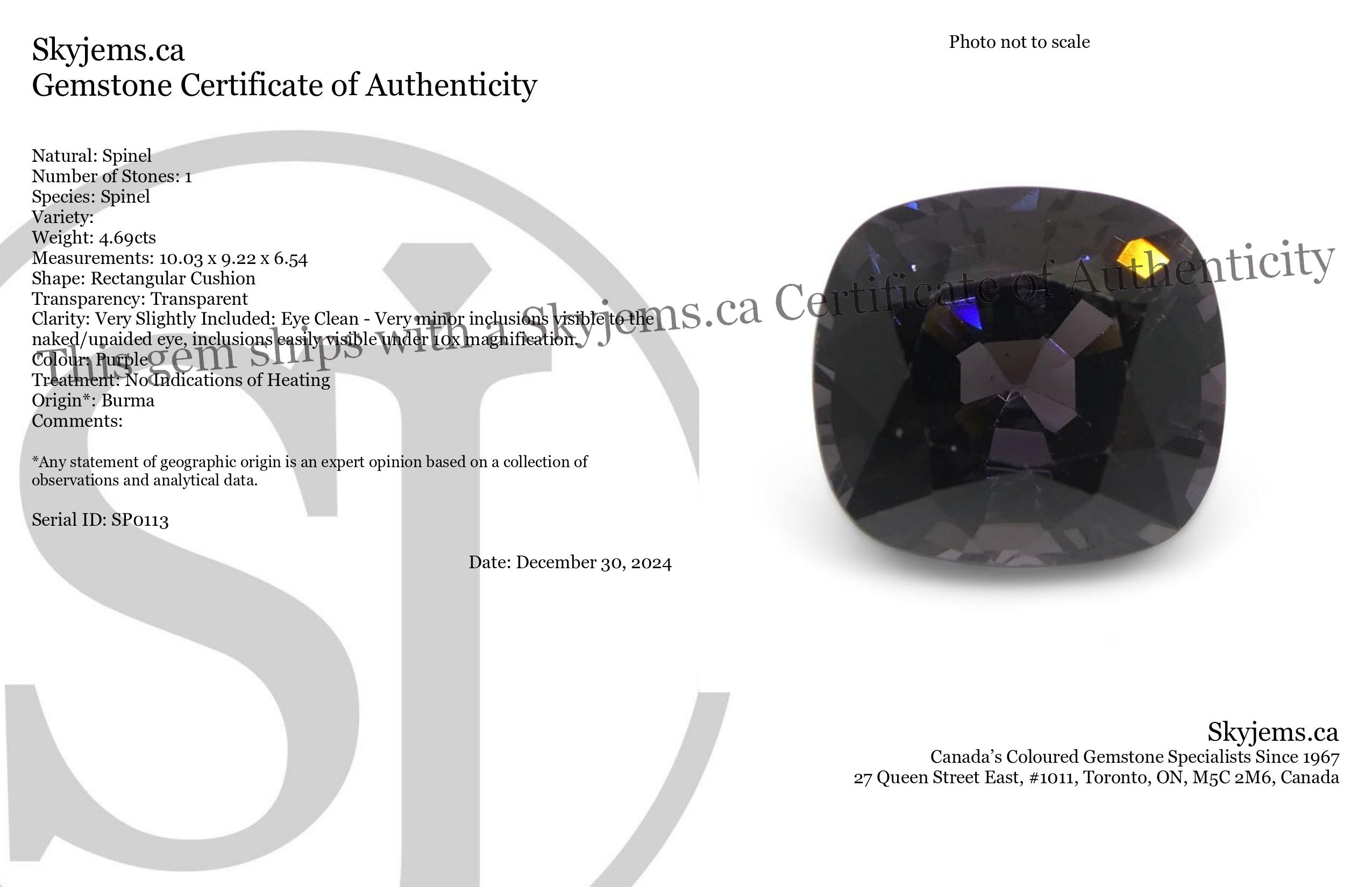 4.69ct Rectangular Cushion Purple Spinel from Burma - Skyjems Wholesale Gemstones