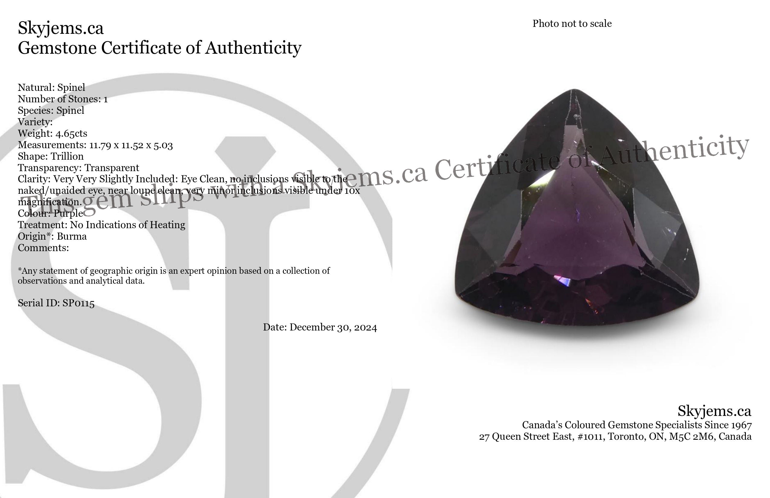 4.65ct Burmese Purple Trillion Spinel, rare gem from SkyJems' premium collection of fine colored stones