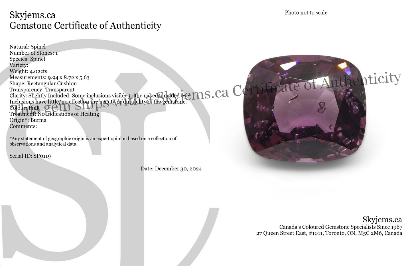 4.02ct Rectangular Cushion Purplish-Pink Spinel from Burma