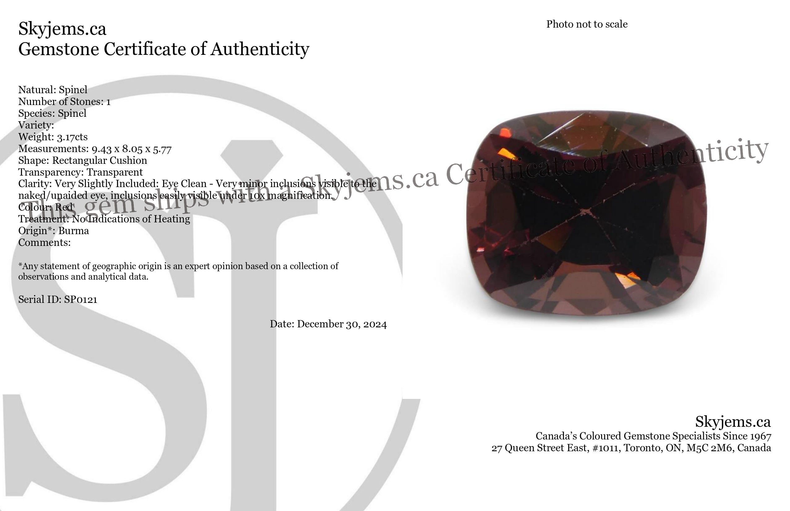 3.17ct Burmese Red Spinel Rectangular Cushion Gem | Premium Unheated Single Stone by SkyJems Canada