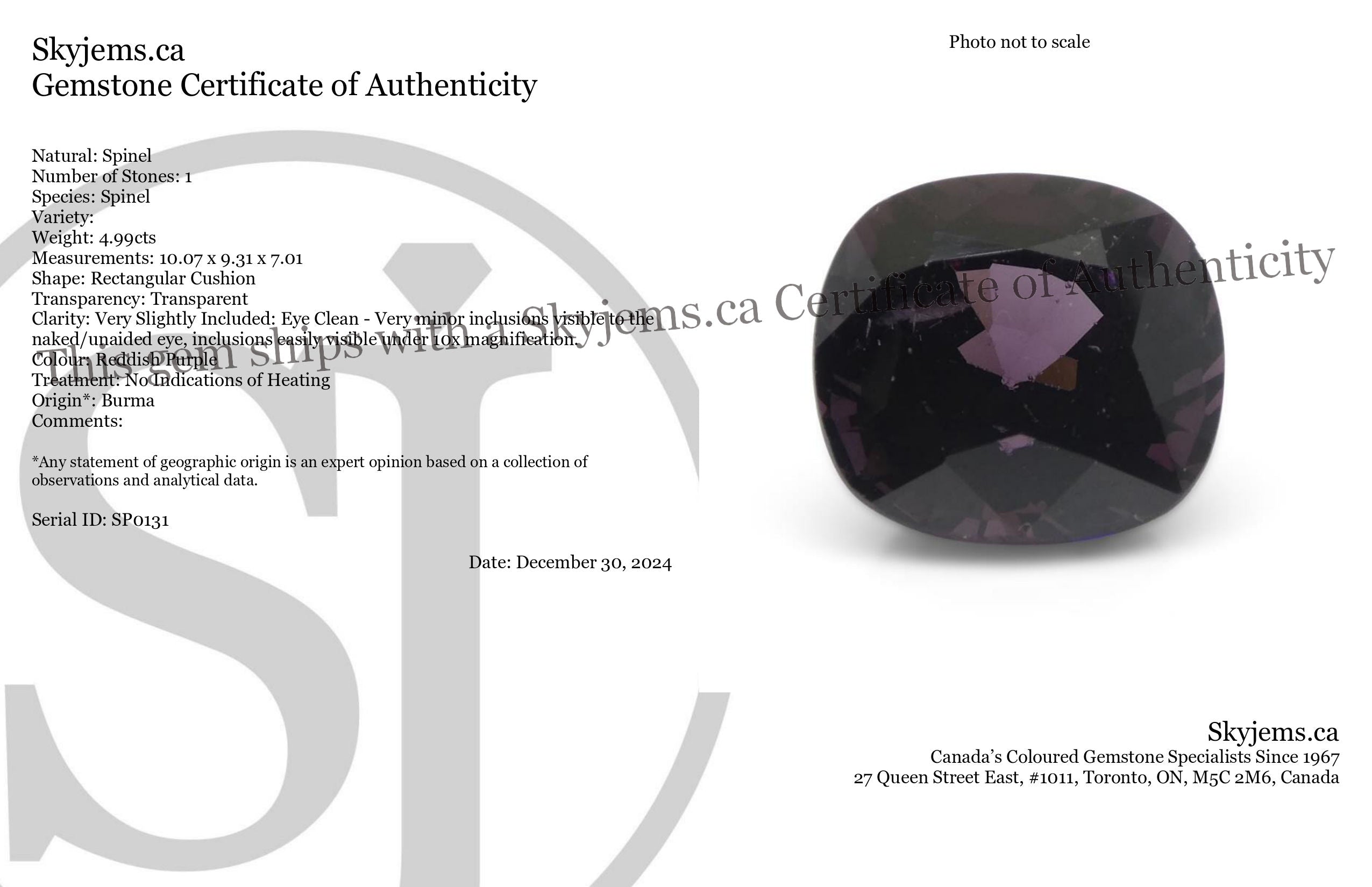 4.99ct Rectangular Cushion Reddish Purple Spinel from Burma - Skyjems Wholesale Gemstones
