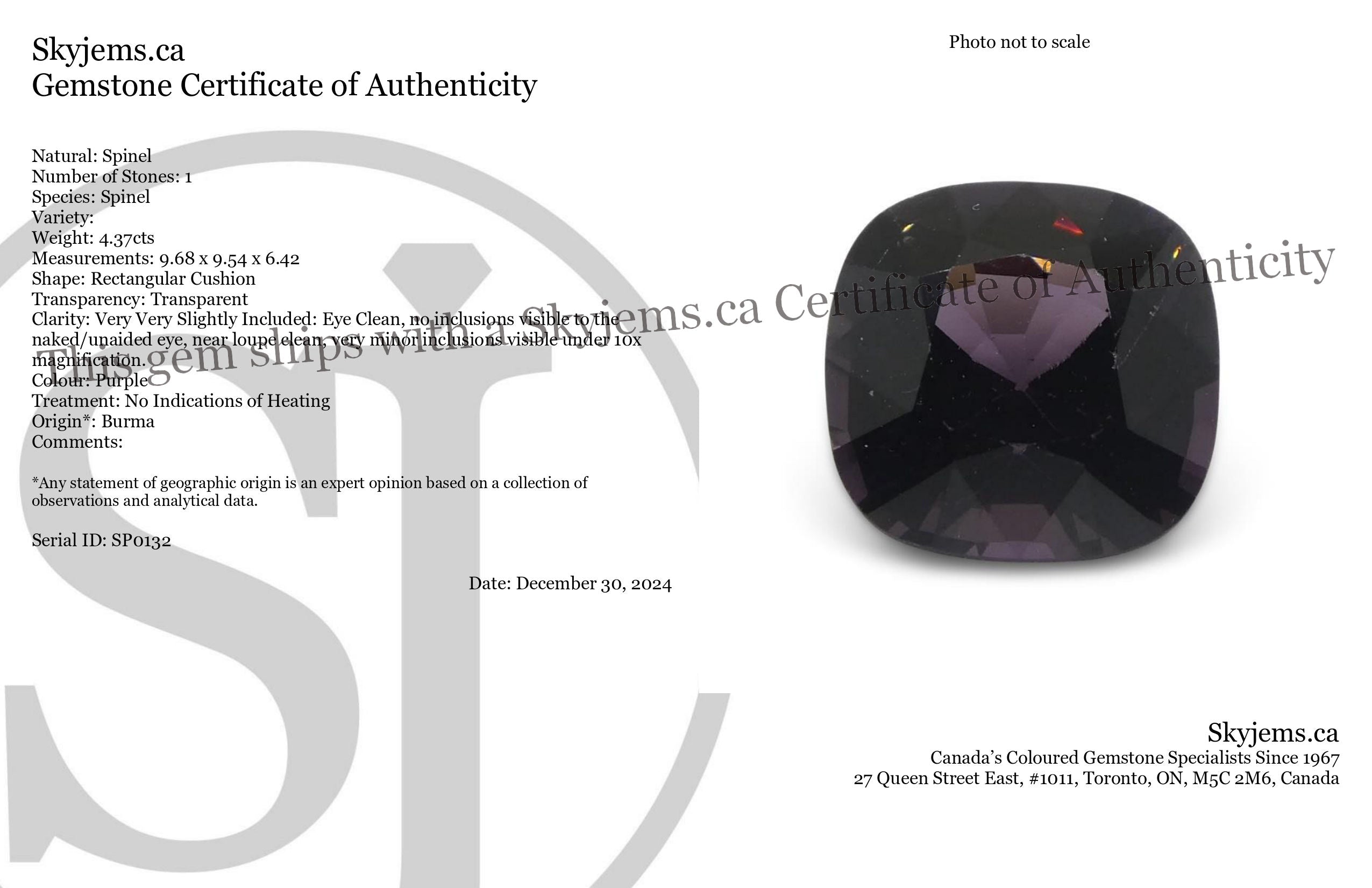 4.37ct Rectangular Cushion Purple Spinel from Burma - Skyjems Wholesale Gemstones