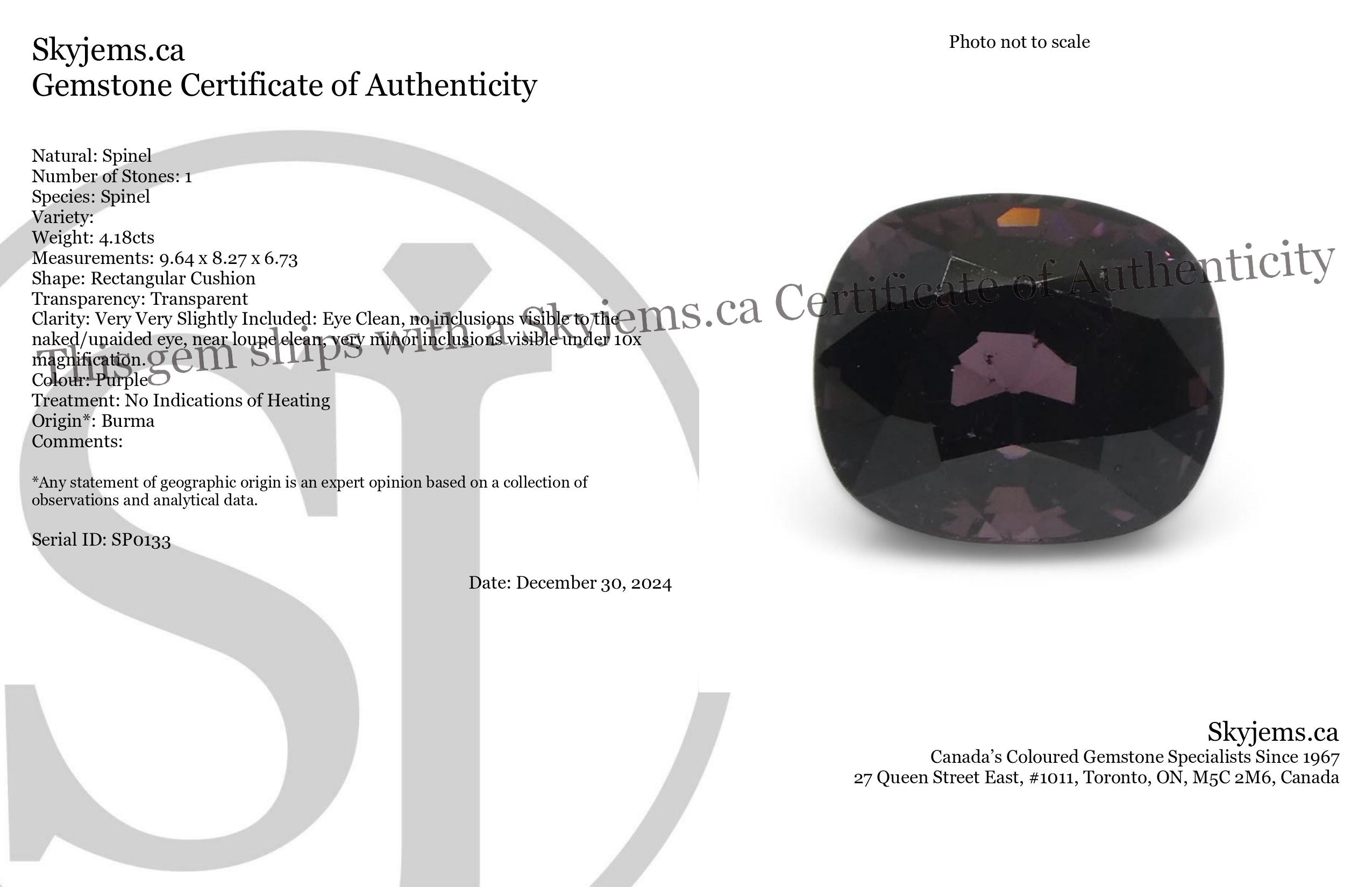 4.18ct Rectangular Cushion Purple Spinel from Burma - Skyjems Wholesale Gemstones