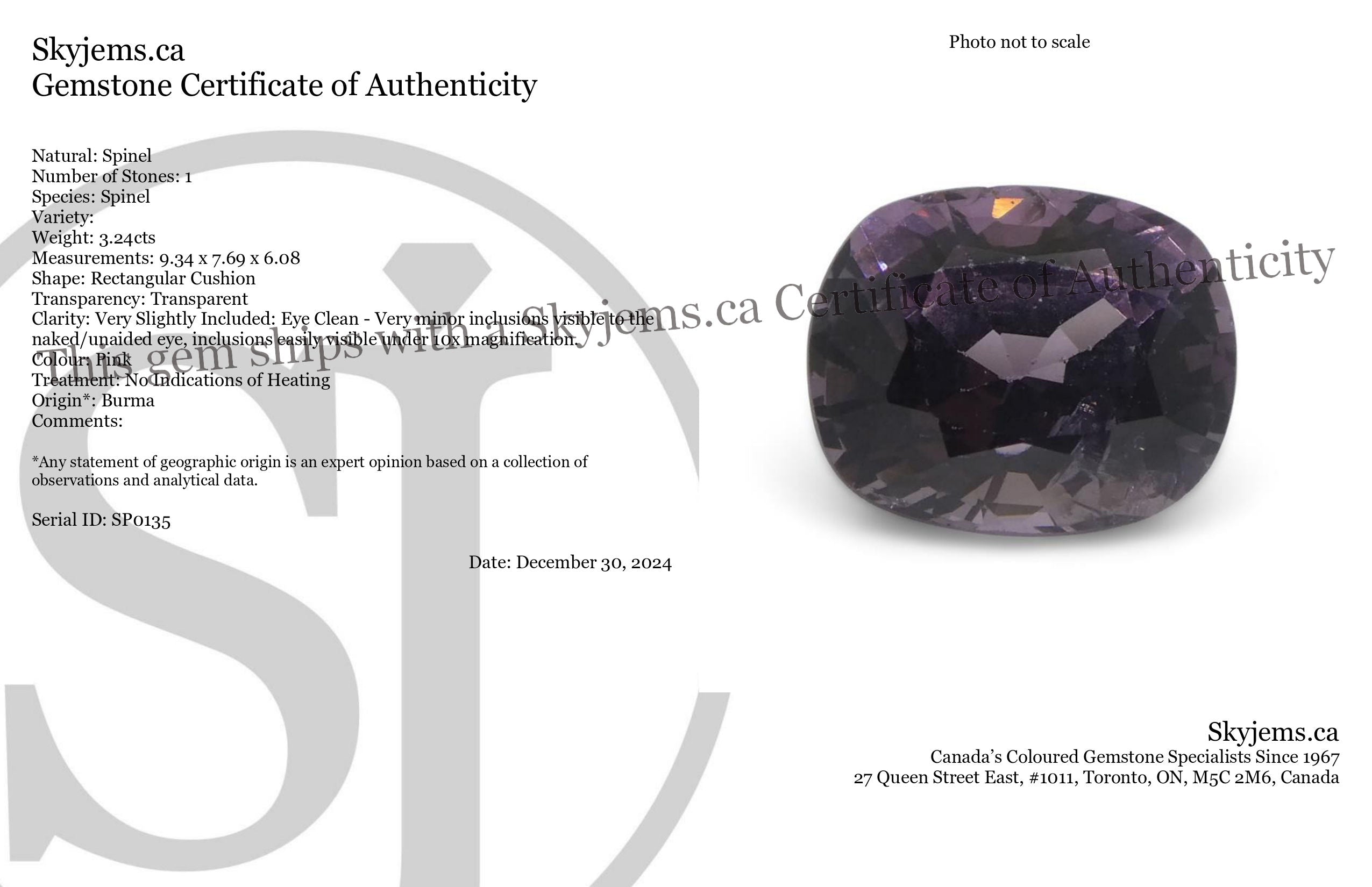 SkyJems 3.24ct Purplish Pink Rectangular Cushion Spinel from Burma, rare unheated gemstone with exceptional color and clarity