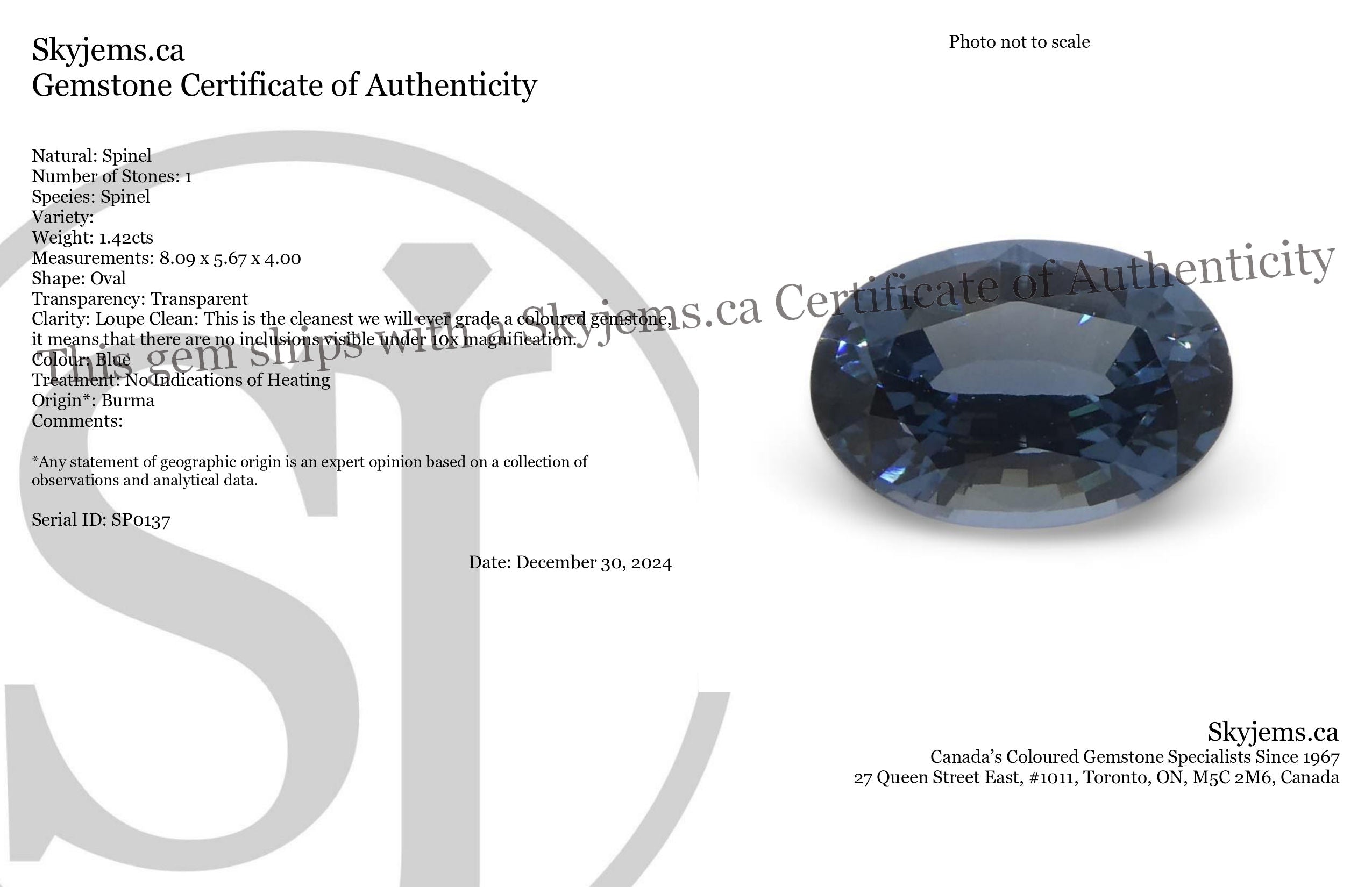 1.42ct Oval Blue Spinel from Burma, rare unheated gemstone by SkyJems, premium Canadian colored gem specialists since 1967