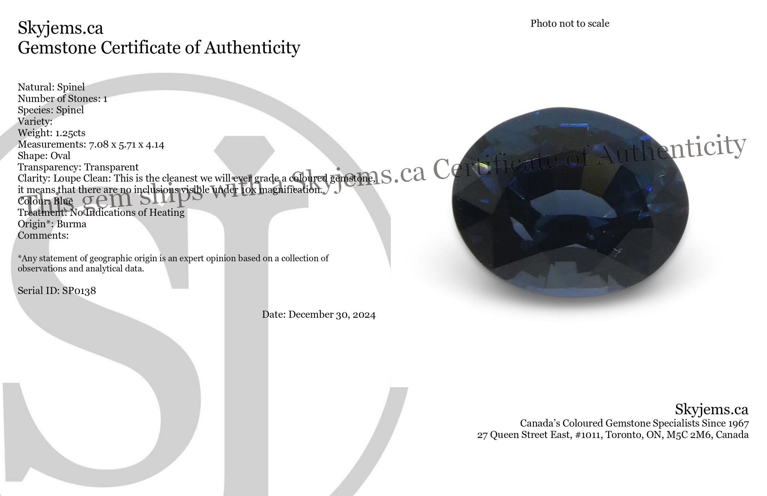1.25ct Oval Blue Spinel from Burma, Very Slightly Greenish Blue, unheated natural gemstone by SkyJems Canadian gem experts