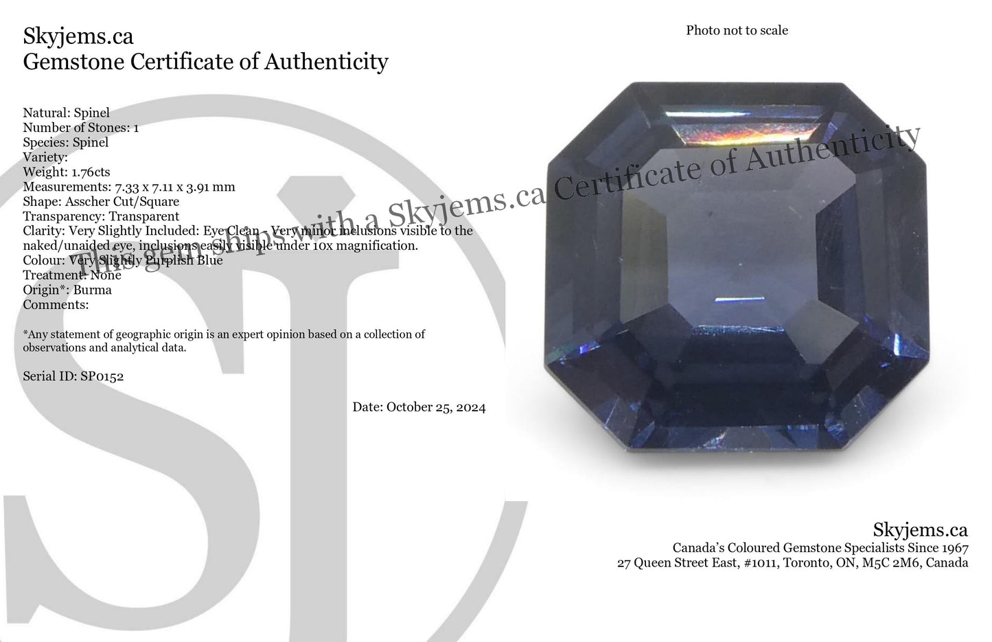 1.76ct Asscher Cut/Square Blue Spinel from Burma Unheated