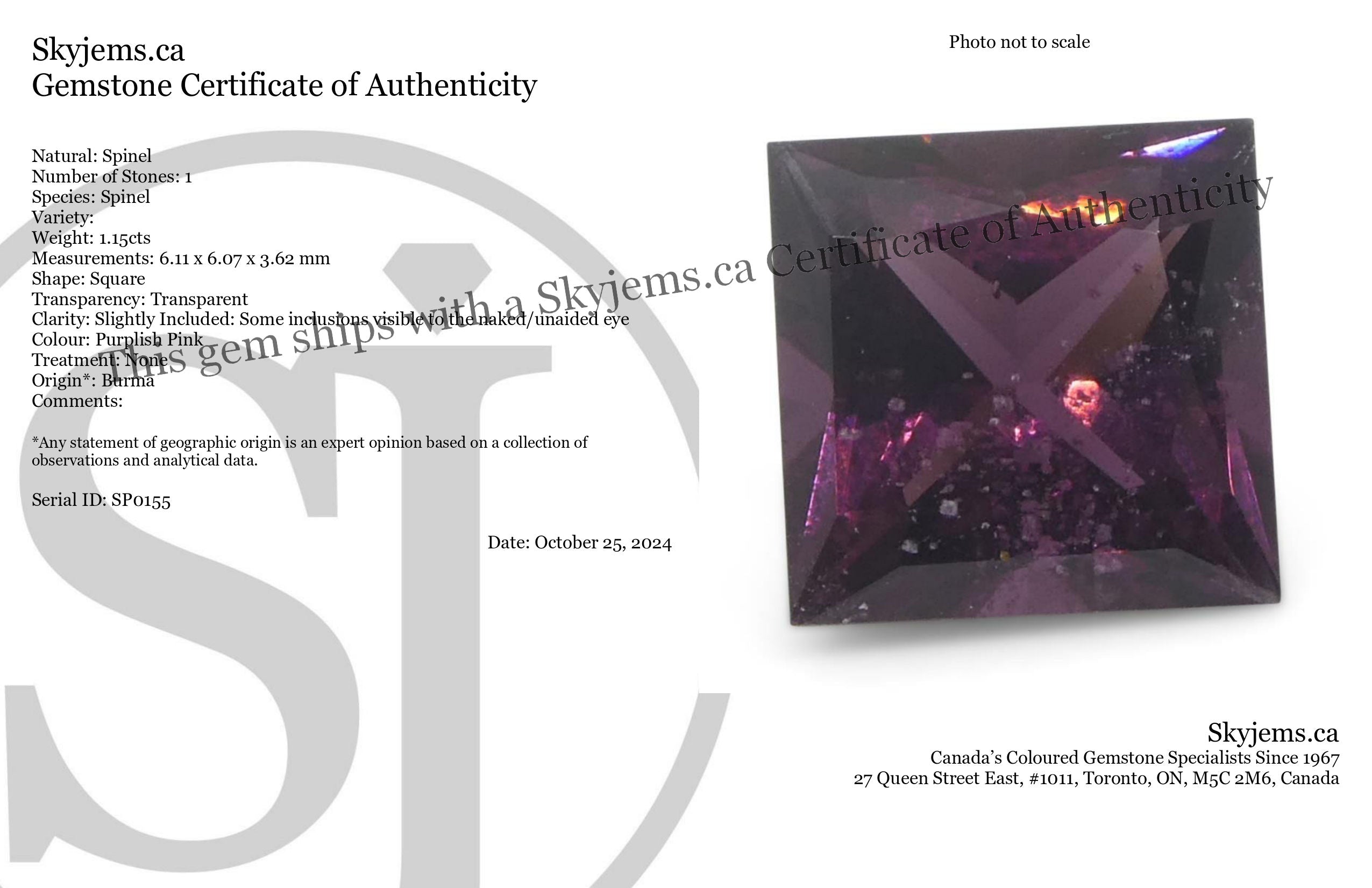1.15ct Purplish Pink Square Spinel from Burma, unheated natural gemstone by SkyJems Canadian gem specialists