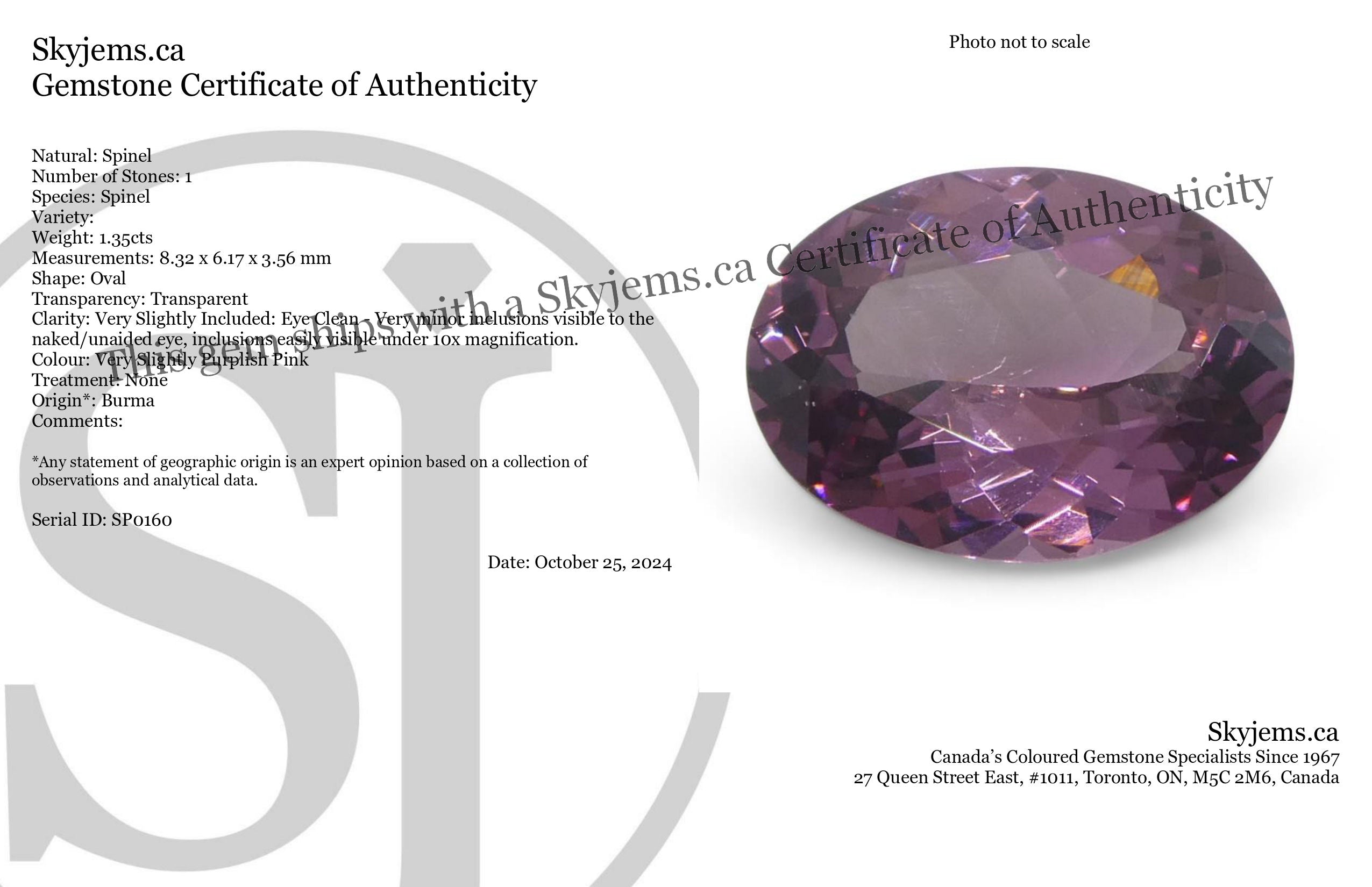 1.35ct Oval Purplish Pink Burmese Spinel, unheated natural gemstone from SkyJems Canadian gem specialists