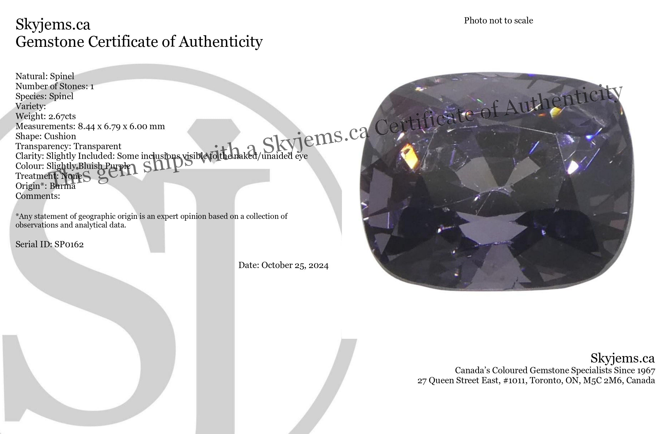 2.67ct Bluish Purple Burmese Spinel Cushion Cut - Unheated Natural Gemstone by SkyJems Canada