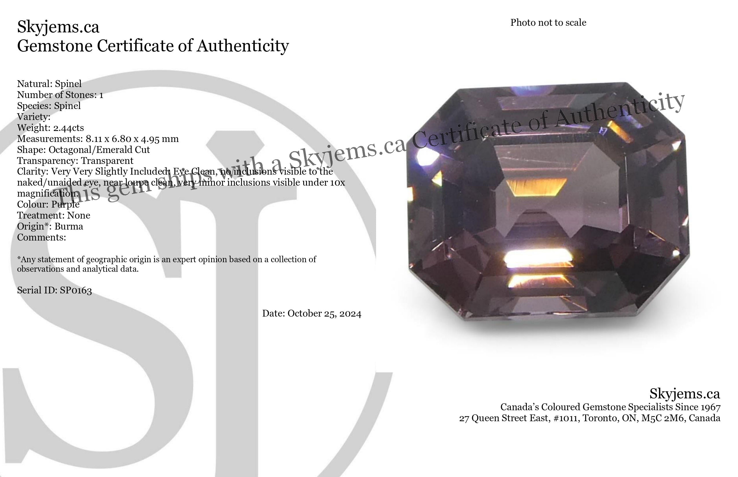 2.44ct Octagonal/Emerald Cut Purple Spinel from Burma Unheated - Skyjems Wholesale Gemstones
