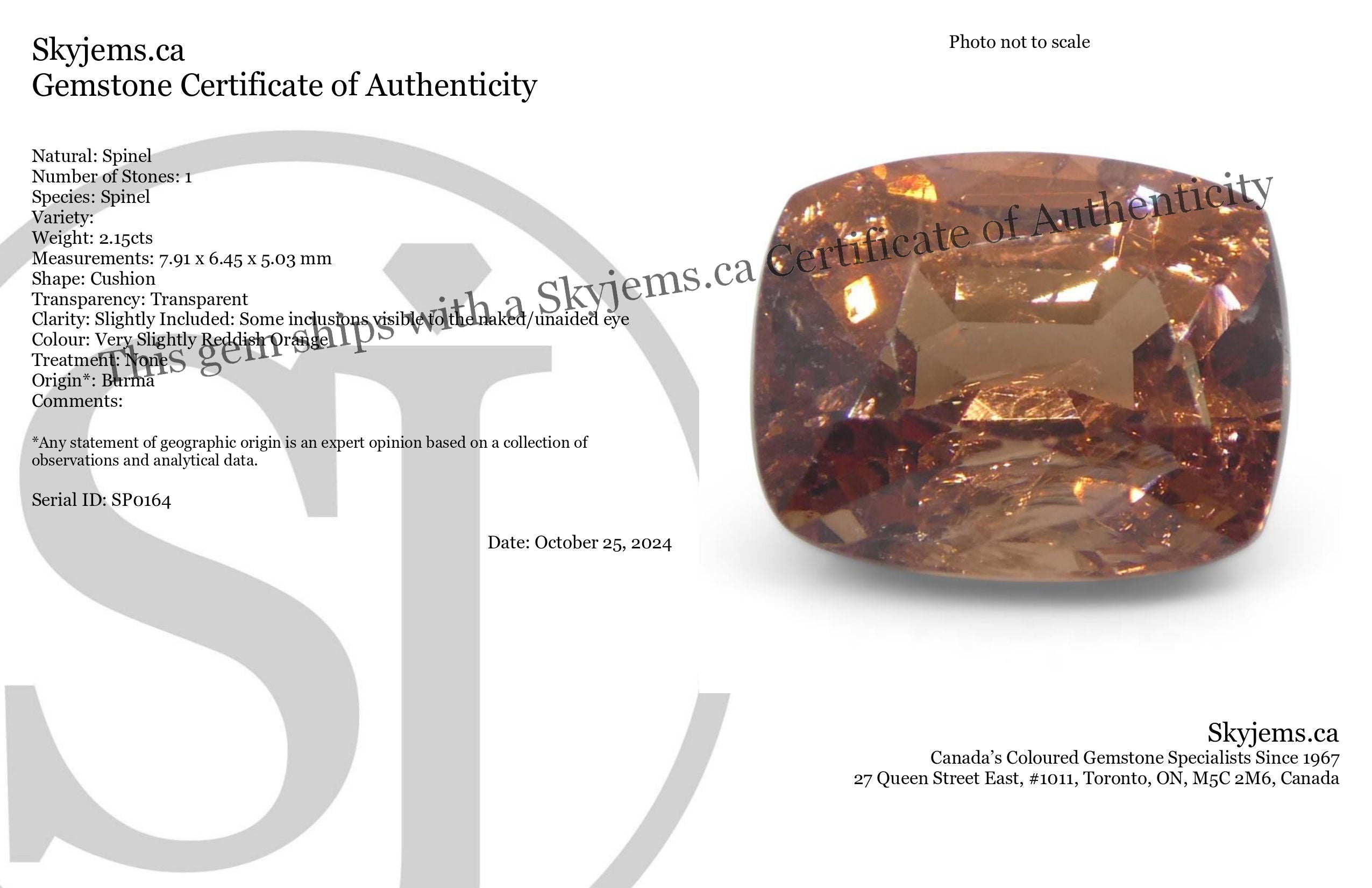 2.15ct Burmese Orange Spinel, Cushion Cut Unheated Gemstone from SkyJems Canadian Gem Specialists