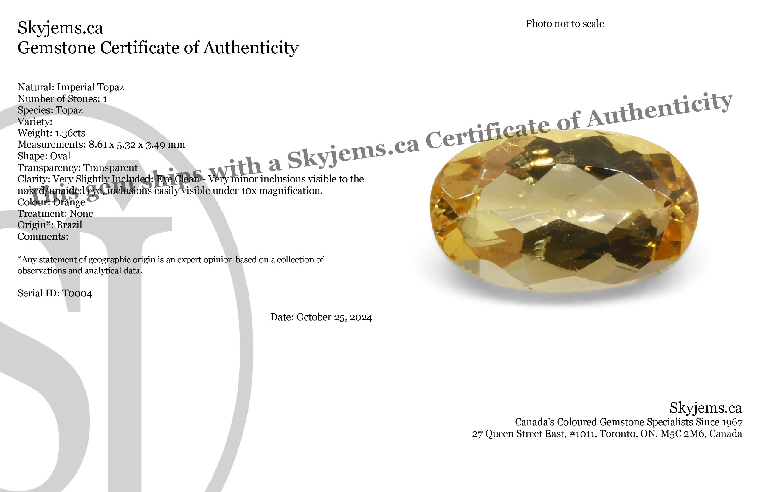 1.36ct Oval Orange Imperial Topaz from Brazil Unheated - Skyjems Wholesale Gemstones