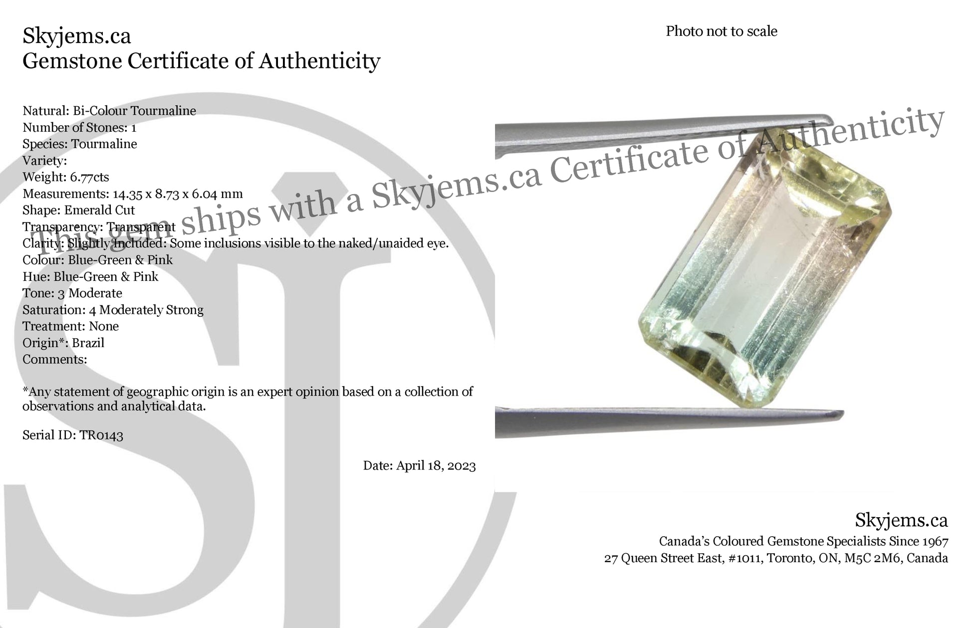 6.77ct Emerald Cut Blue-Green & Pink Bi-Colour Tourmaline from Brazil - Skyjems Wholesale Gemstones