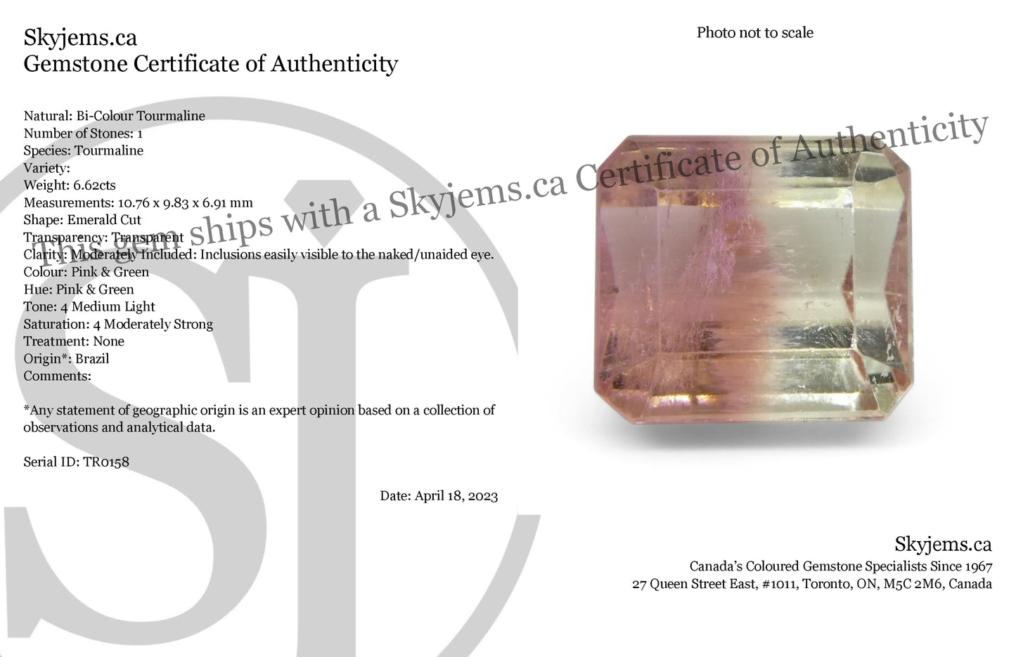 6.62ct Emerald Cut Pink & Green Bi-Colour Tourmaline from Brazil - Skyjems Wholesale Gemstones