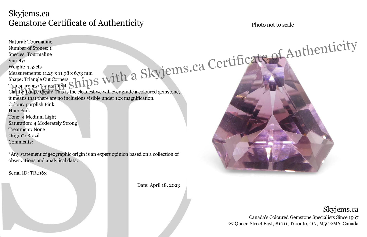 4.53ct Triangle Cut Corners Pink Tourmaline from Brazil - Skyjems Wholesale Gemstones