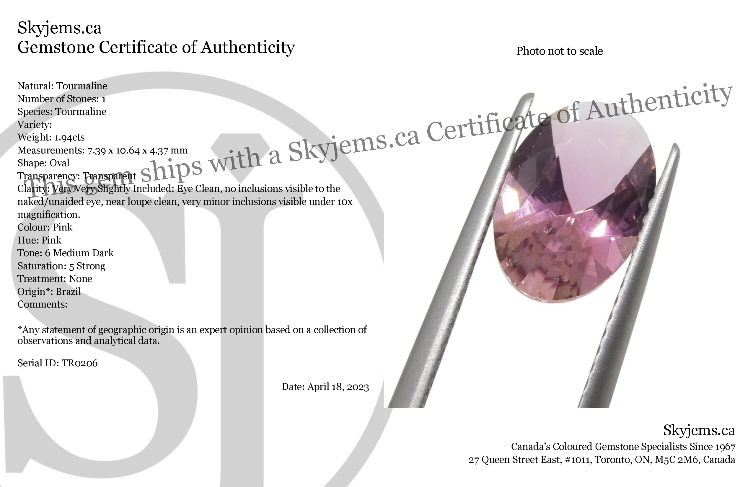 1.94ct Brazilian Pink Oval Tourmaline, Modified Brilliant Cut, premium single stone from SkyJems Canadian gem specialists