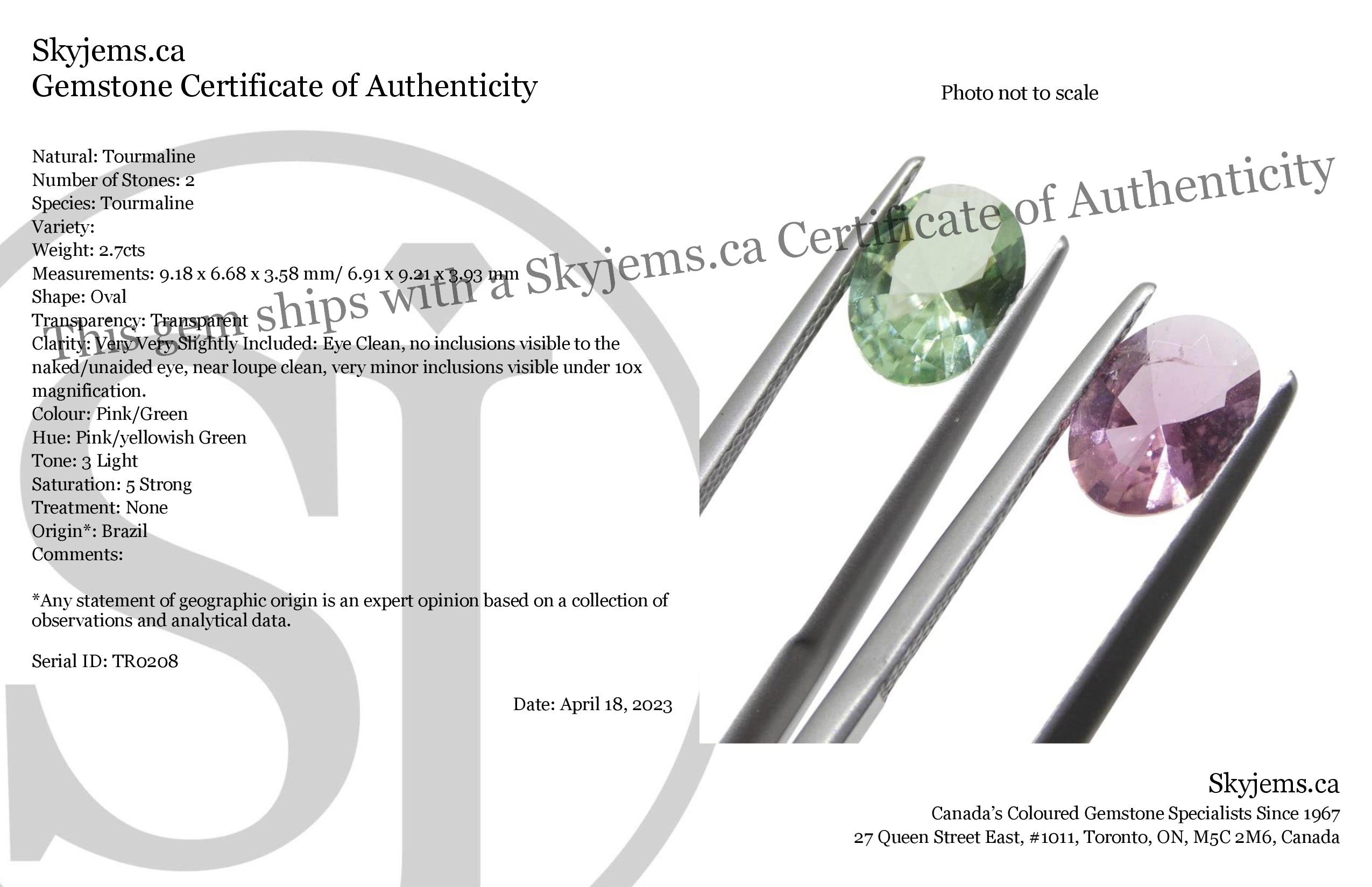 2.7ct Oval Pink and Green Brazilian Tourmaline Matched Pair from SkyJems, Rare Collector's Gemstone