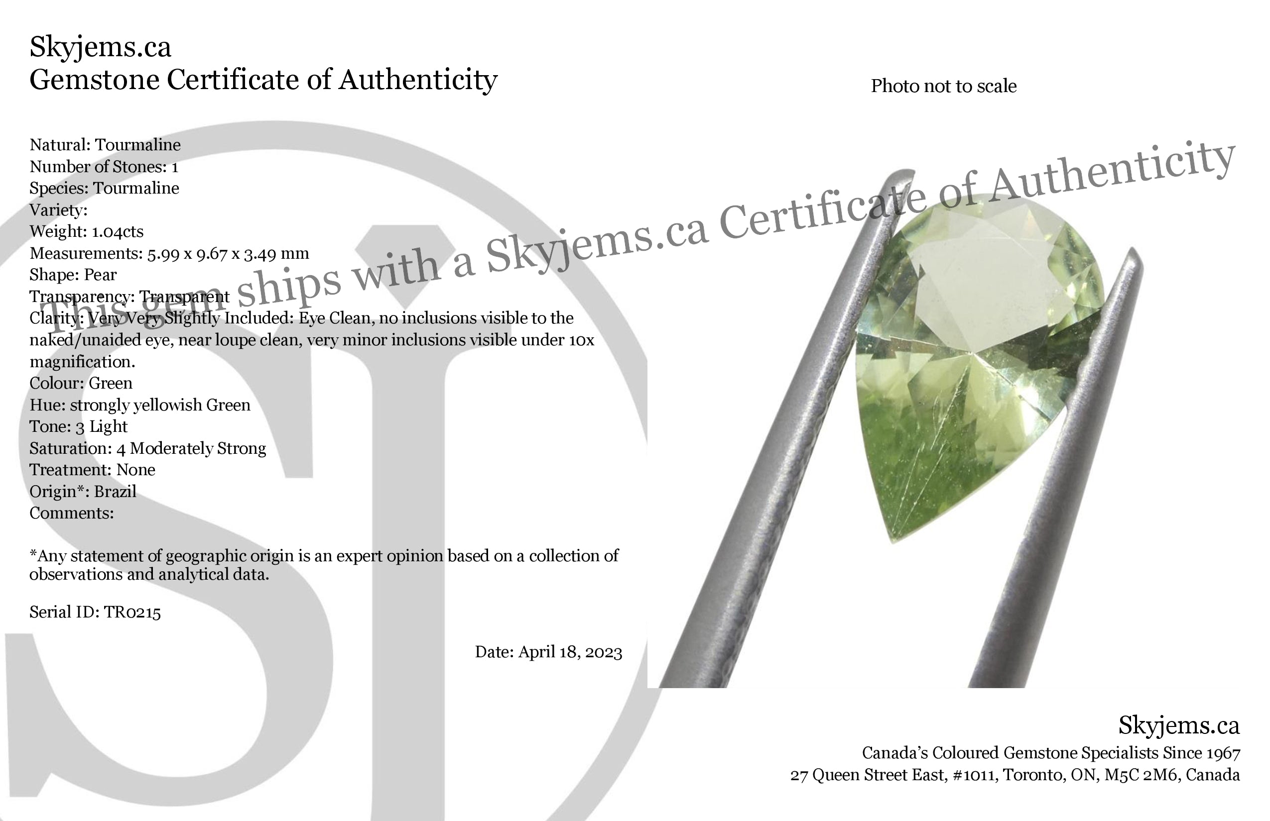 1.04ct Brazilian Green Pear Tourmaline, Modified Brilliant Cut | Premium Gemstone by SkyJems Canadian Gem Specialists