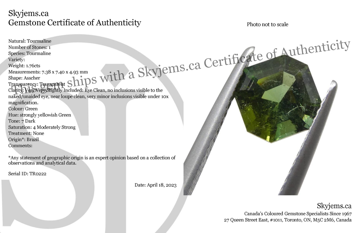 1.76ct Asscher Green Tourmaline from Brazil - Skyjems Wholesale Gemstones