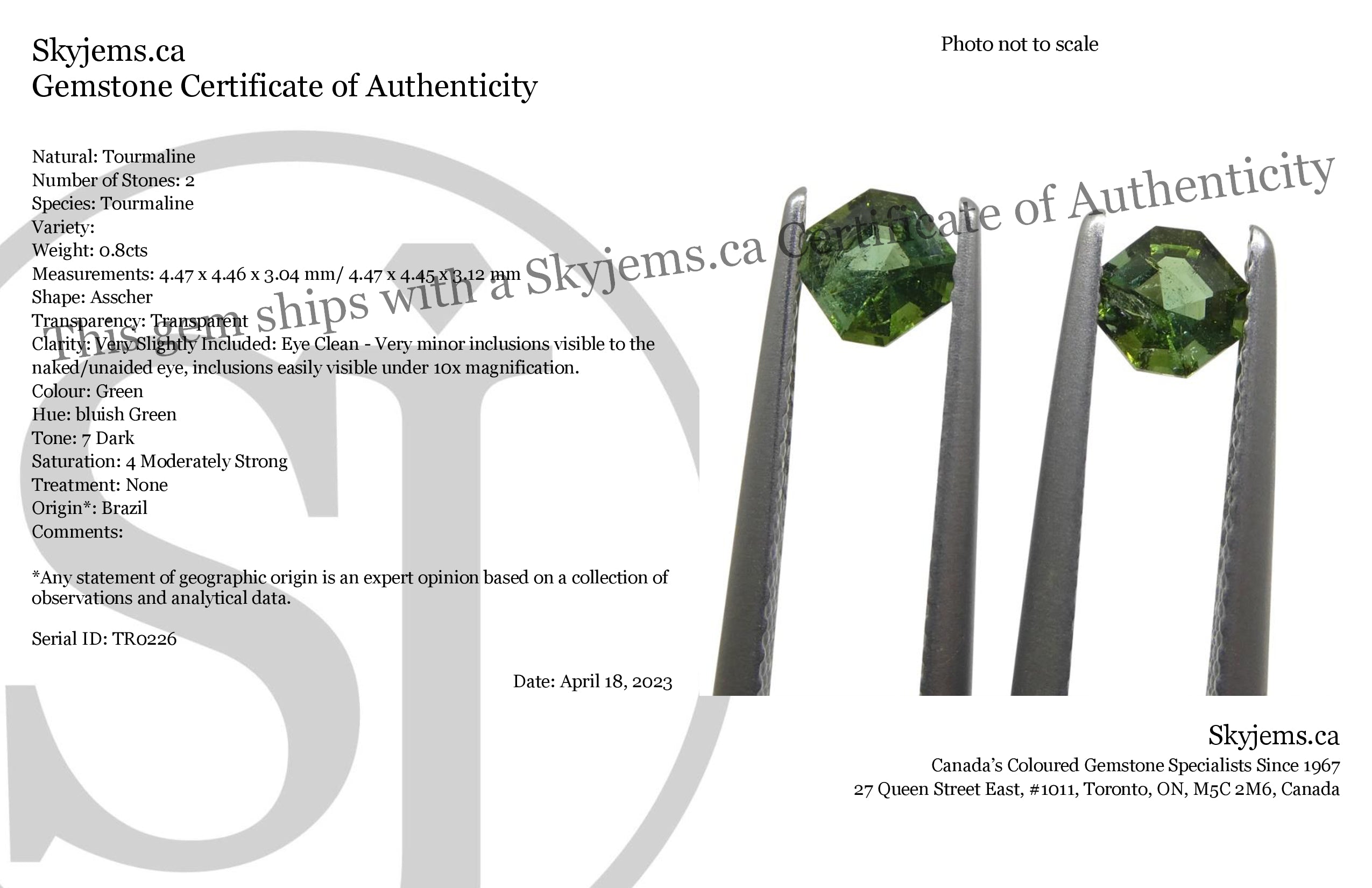 0.8ct Asscher Green Tourmaline Pair from Brazil, matched octagonal step-cut gemstones by SkyJems Canadian gem experts