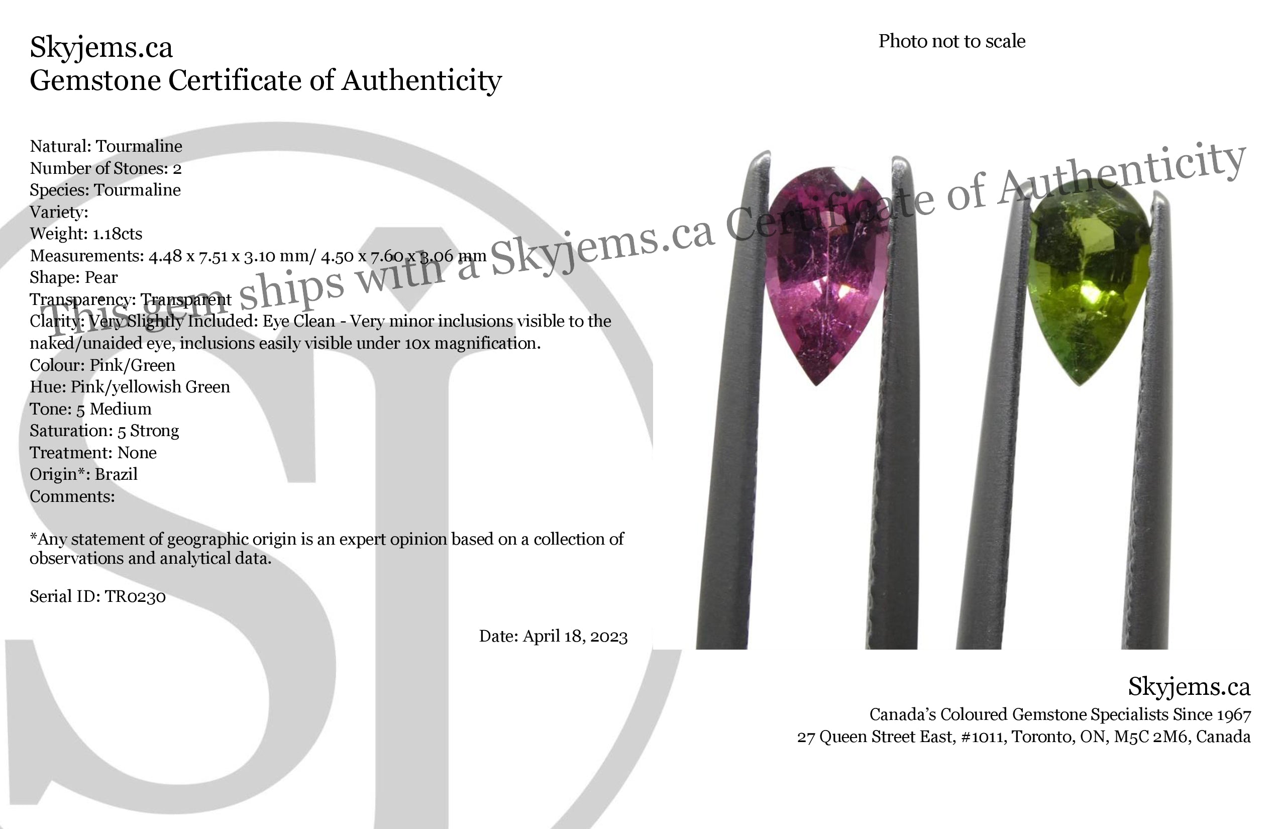 1.18ct Pair Pear Pink/Green Tourmaline from Brazil - Skyjems Wholesale Gemstones