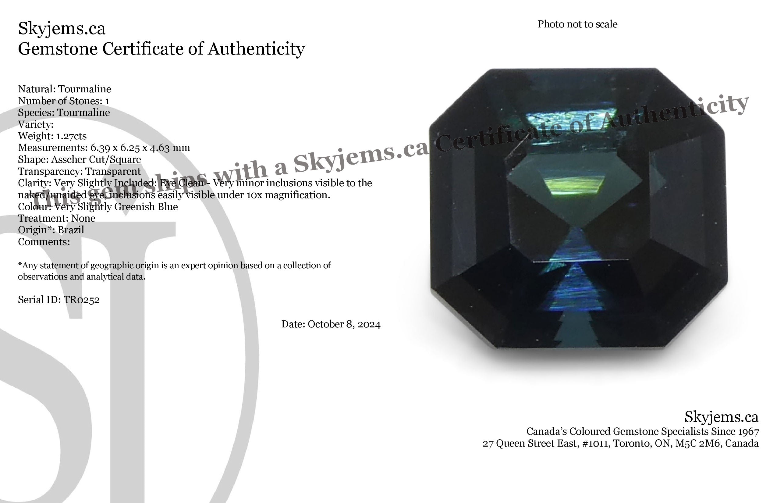 1.27ct Asscher Cut/Square Blue Indicolite Tourmaline - Skyjems Wholesale Gemstones