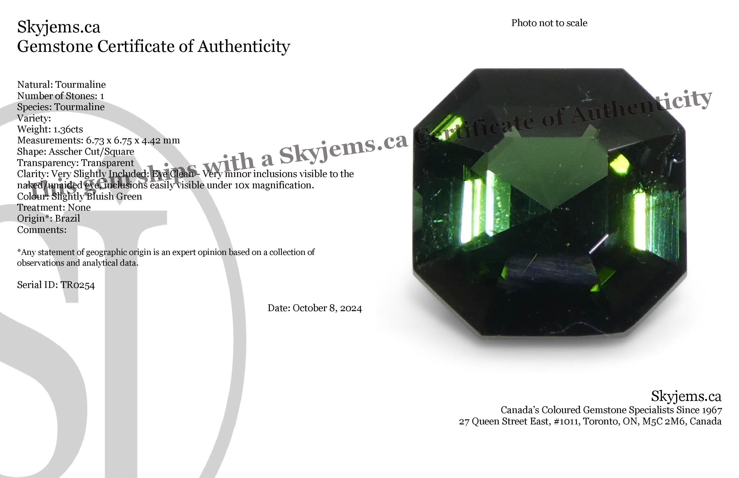 1.36ct Asscher Cut/Square Green Tourmaline - Skyjems Wholesale Gemstones
