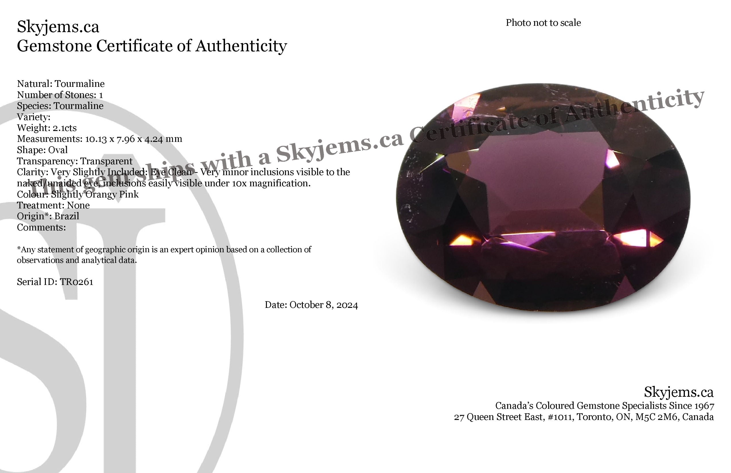 2.1ct Oval Pink Tourmaline from Brazil, slightly orangy pink gemstone by SkyJems Canadian gem specialists