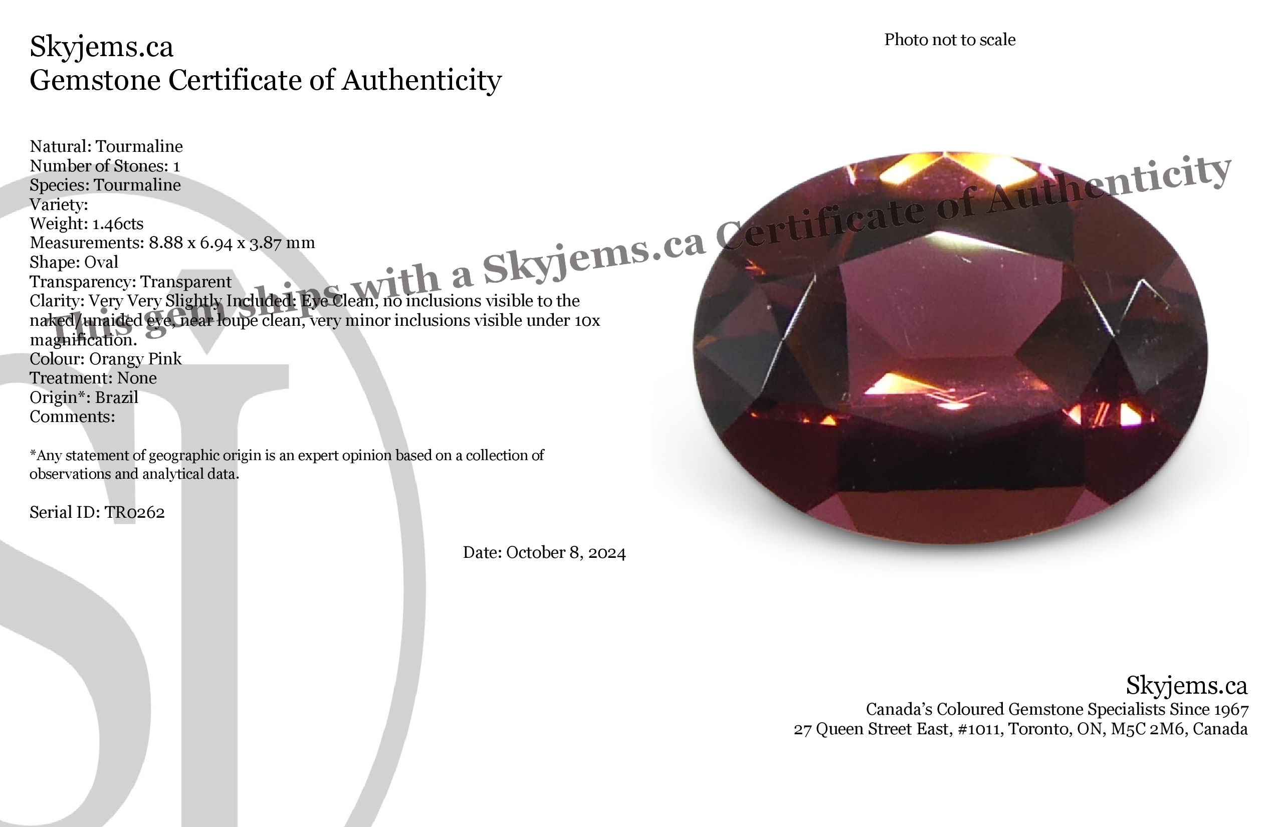 1.46ct Oval Pink Tourmaline from Brazil, Step Cut gemstone by SkyJems, premium Canadian colored gem specialists