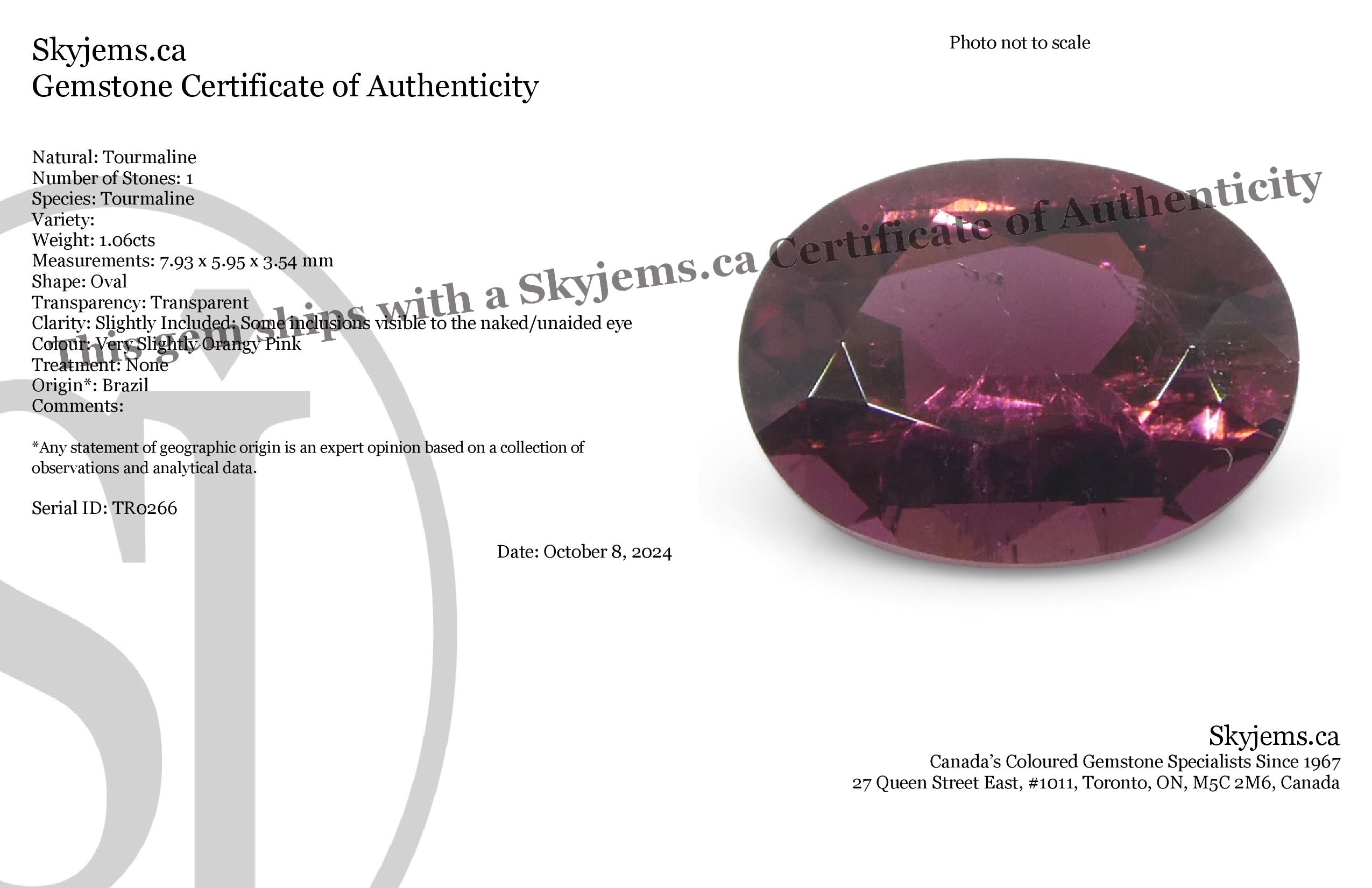 1.06ct Oval Pink Tourmaline from Brazil, precision-cut gemstone by SkyJems, vibrant pink hue with exceptional clarity and bri