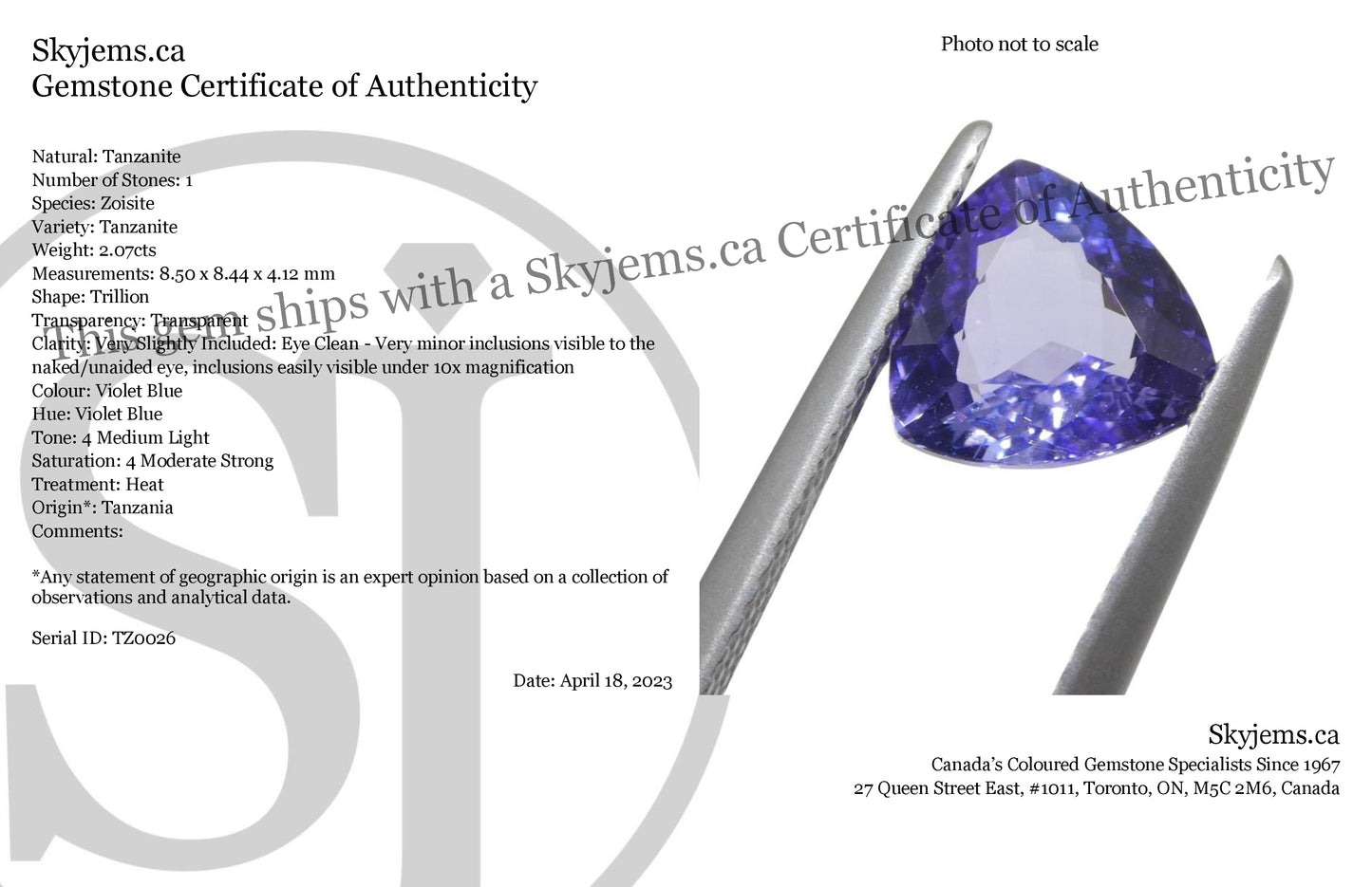 2.07ct Trillion Violet Blue Tanzanite from Tanzania - Skyjems Wholesale Gemstones