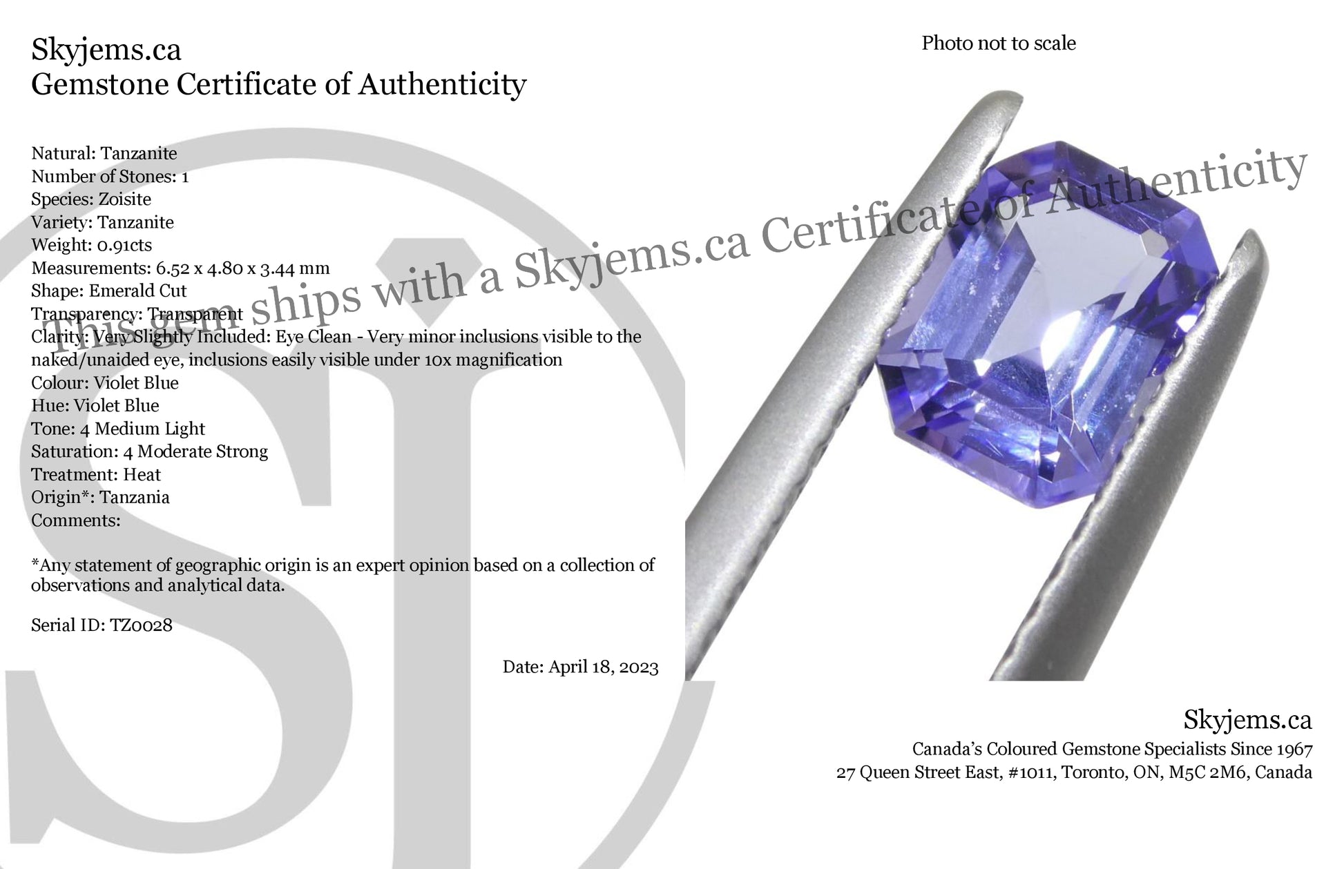 0.91ct Emerald Cut Violet Blue Tanzanite from Tanzania - Skyjems Wholesale Gemstones