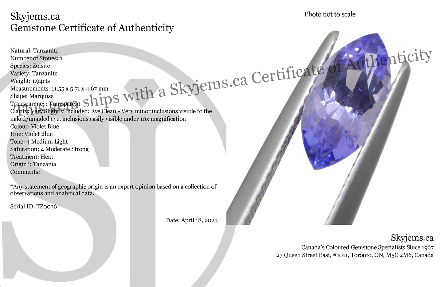 1.94ct Marquise Violet Blue Tanzinite from Tanzania - Skyjems Wholesale Gemstones