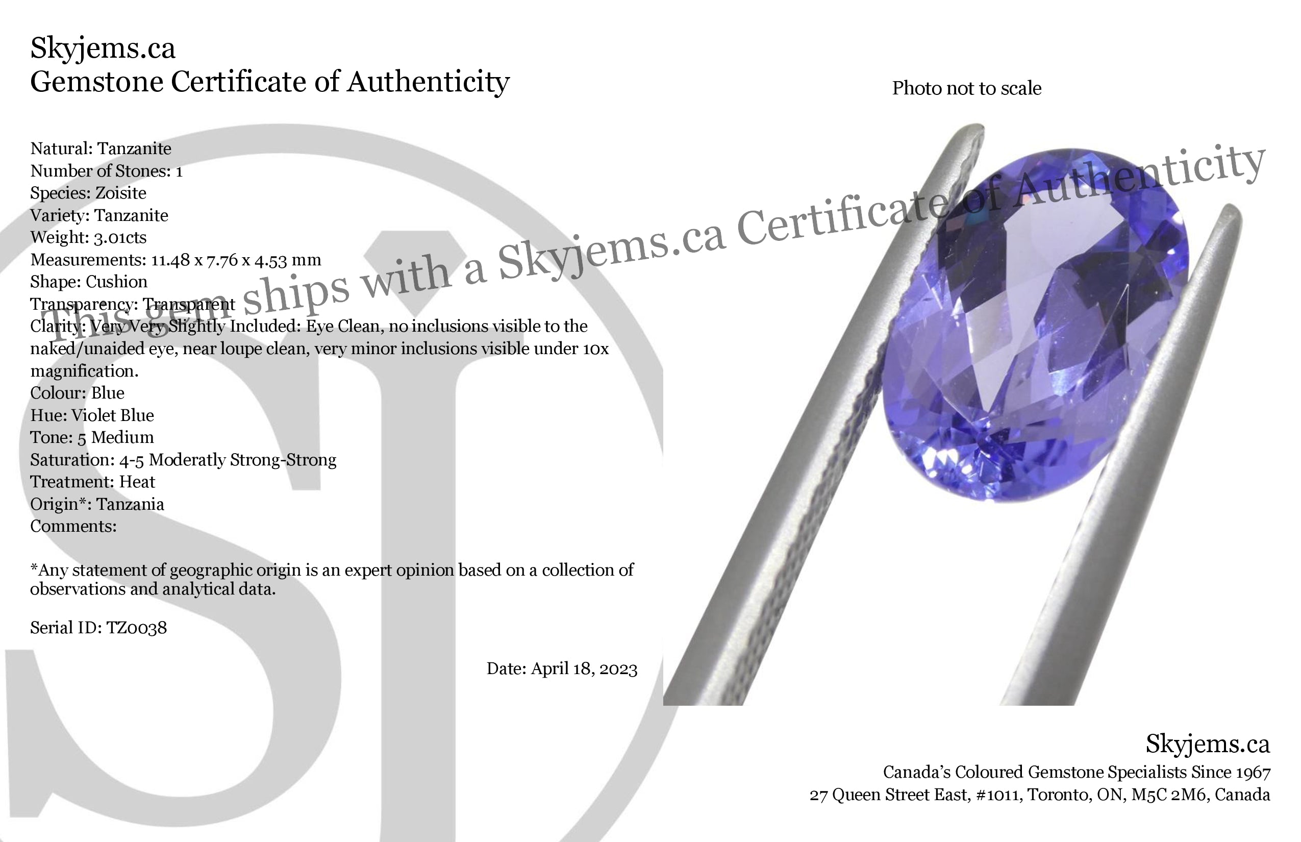 SkyJems 3.01ct Oval Blue-Violet Tanzanite from Tanzania, premium AAA-grade gemstone with exceptional color and clarity