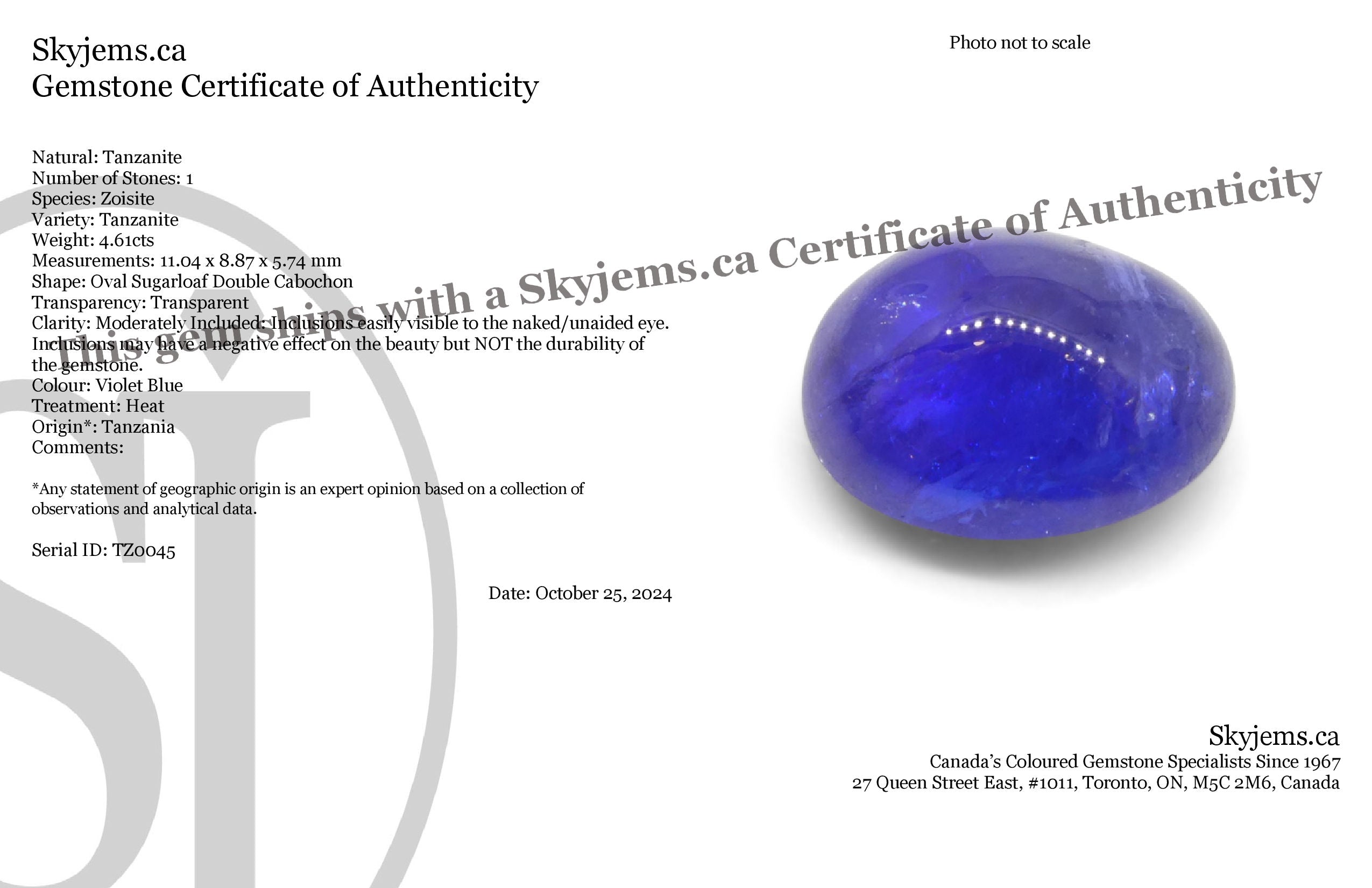 4.61ct Oval Cabochon Violet Blue Tanzanite from Tanzania - Skyjems Wholesale Gemstones