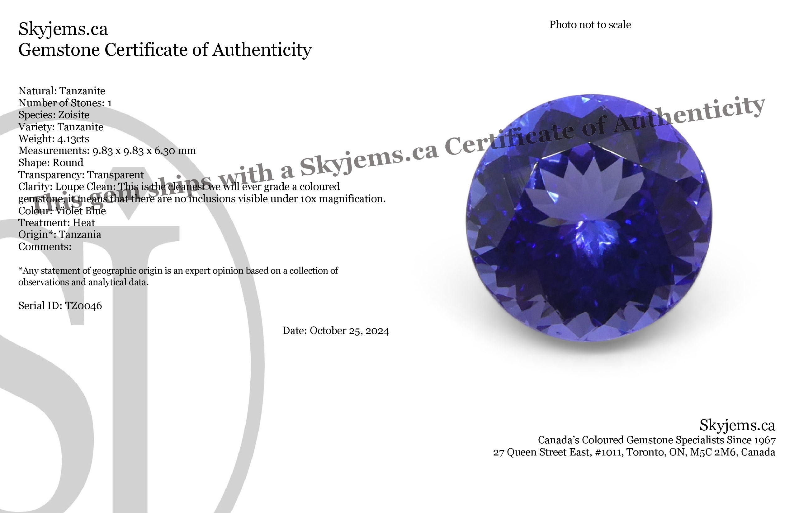SkyJems 4.13ct Round Violet Blue Tanzanite gemstone from Tanzania, premium heated single stone with brilliant cut