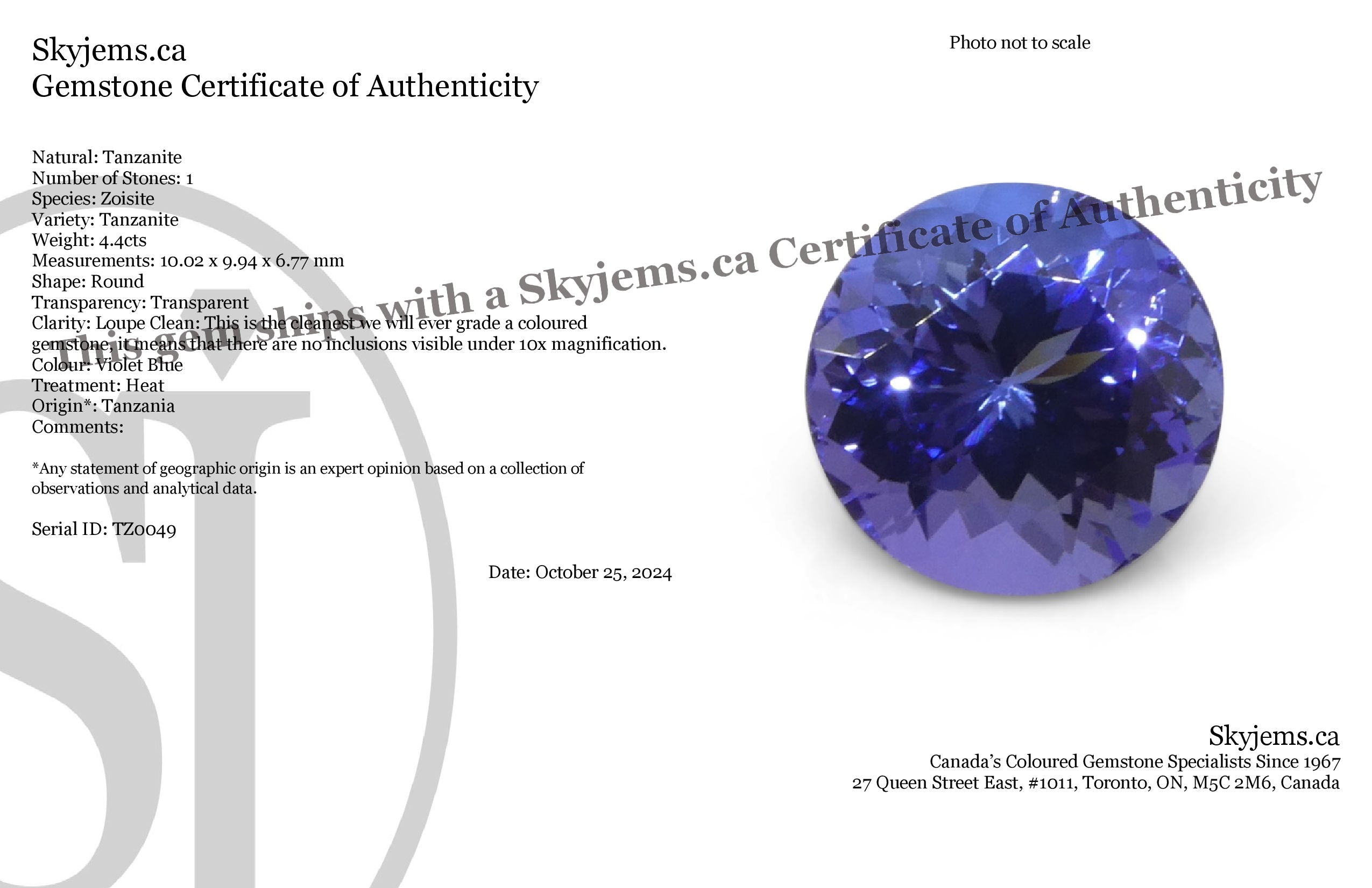 4.4ct Round Violet Blue Tanzanite from Tanzania, premium single gemstone by SkyJems Canadian gem specialists