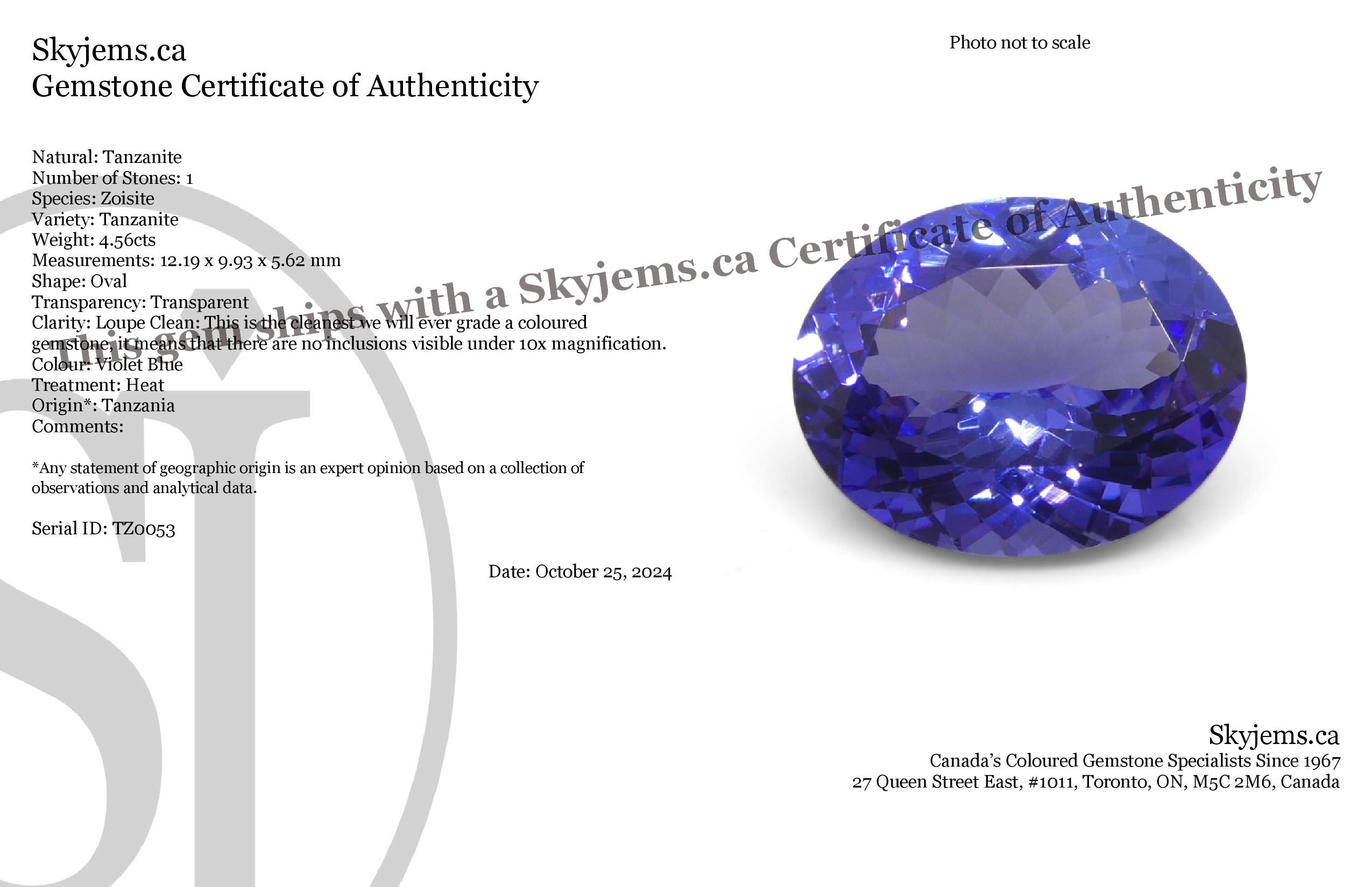 4.56ct Violet Blue Tanzanite from Tanzania, oval-cut gemstone by SkyJems, premium rare zoisite with intense color and brillia