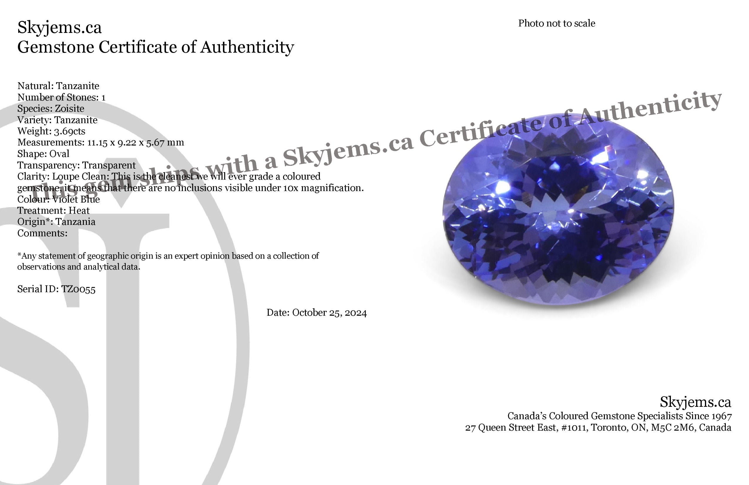 3.69ct Oval Violet Blue Tanzanite from Tanzania, rare gemstone by SkyJems, premium African zoisite with vibrant color and exc