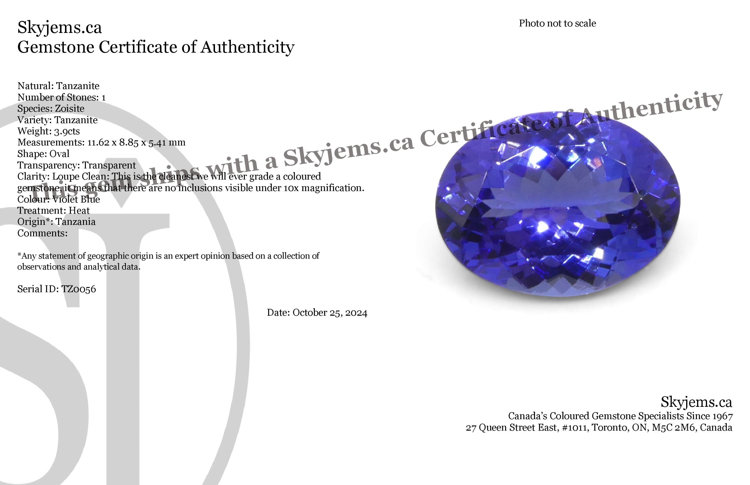 3.9ct Violet Blue Tanzanite from Tanzania, oval-cut gemstone by SkyJems, premium rare zoisite with intense color and brillian