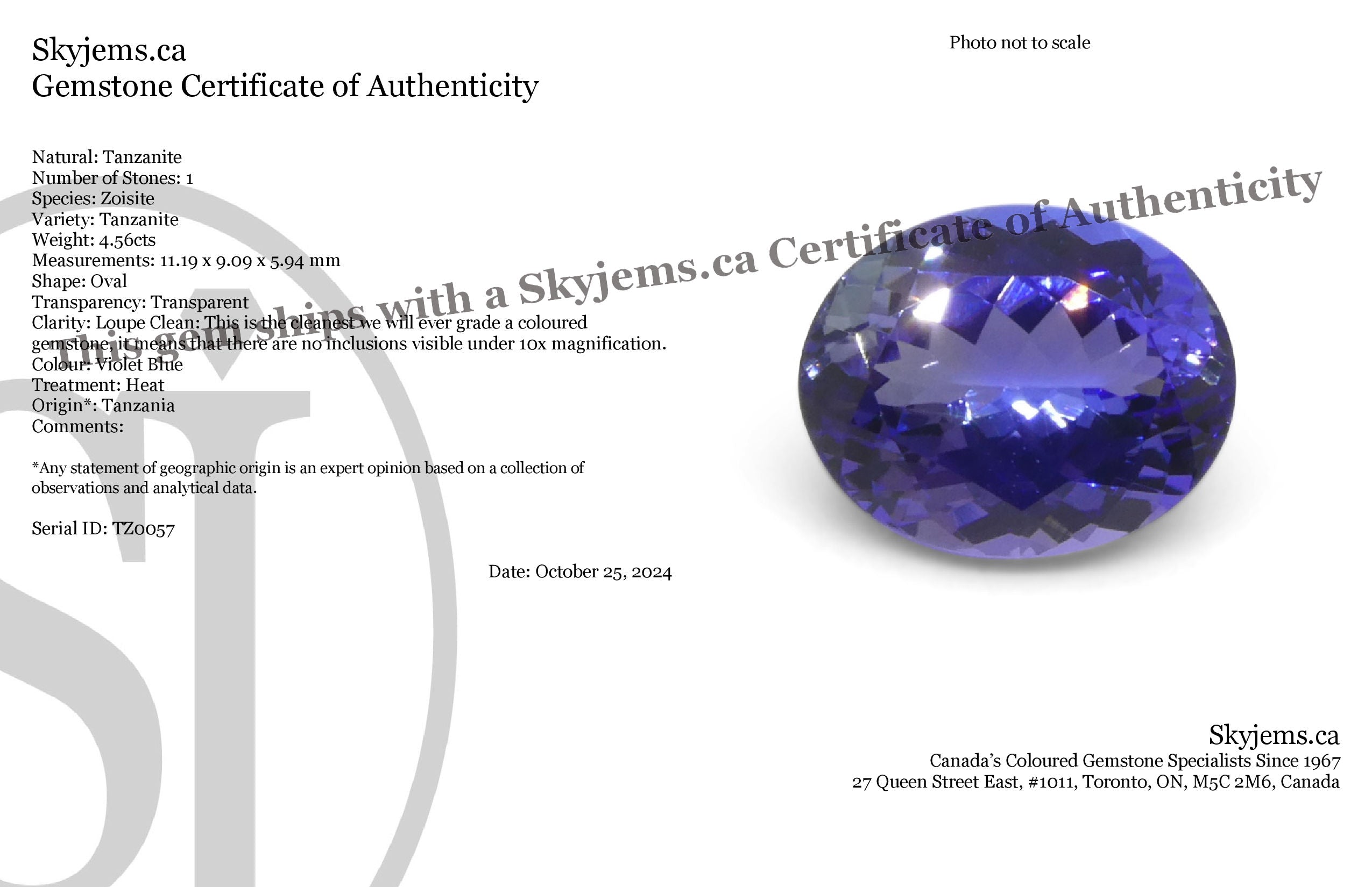 4.56ct Oval Violet Blue Tanzanite from Tanzania - Skyjems Wholesale Gemstones
