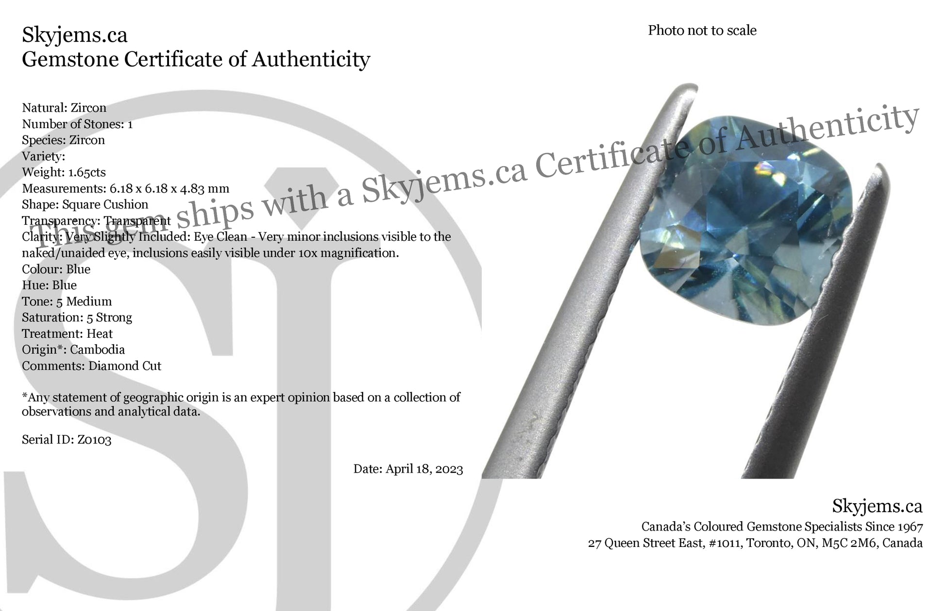 1.65ct Square Cushion Diamond Cut Blue Zircon from Cambodia - Skyjems Wholesale Gemstones