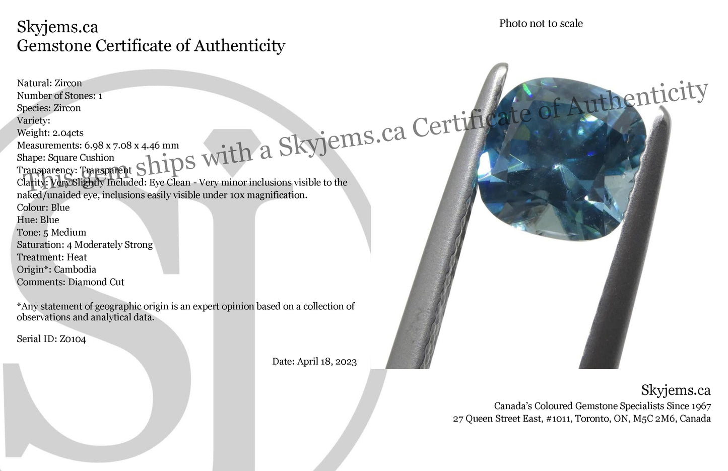 2.04ct Square Cushion Diamond Cut Blue Zircon from Cambodia - Skyjems Wholesale Gemstones