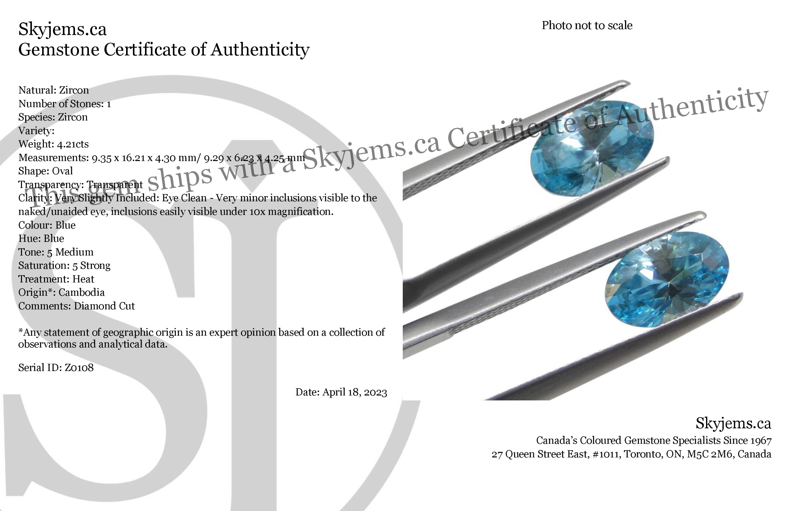 4.21ct Blue Zircon from Cambodia, oval brilliant-cut gemstone by SkyJems, premium earth-mined blue gem