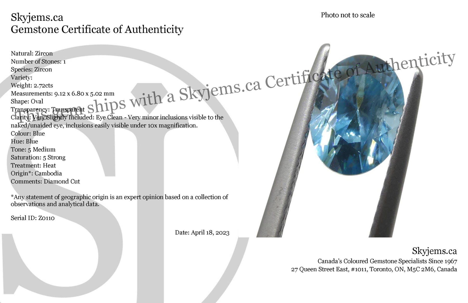 2.72ct Oval Diamond Cut Blue Zircon from Cambodia - Skyjems Wholesale Gemstones